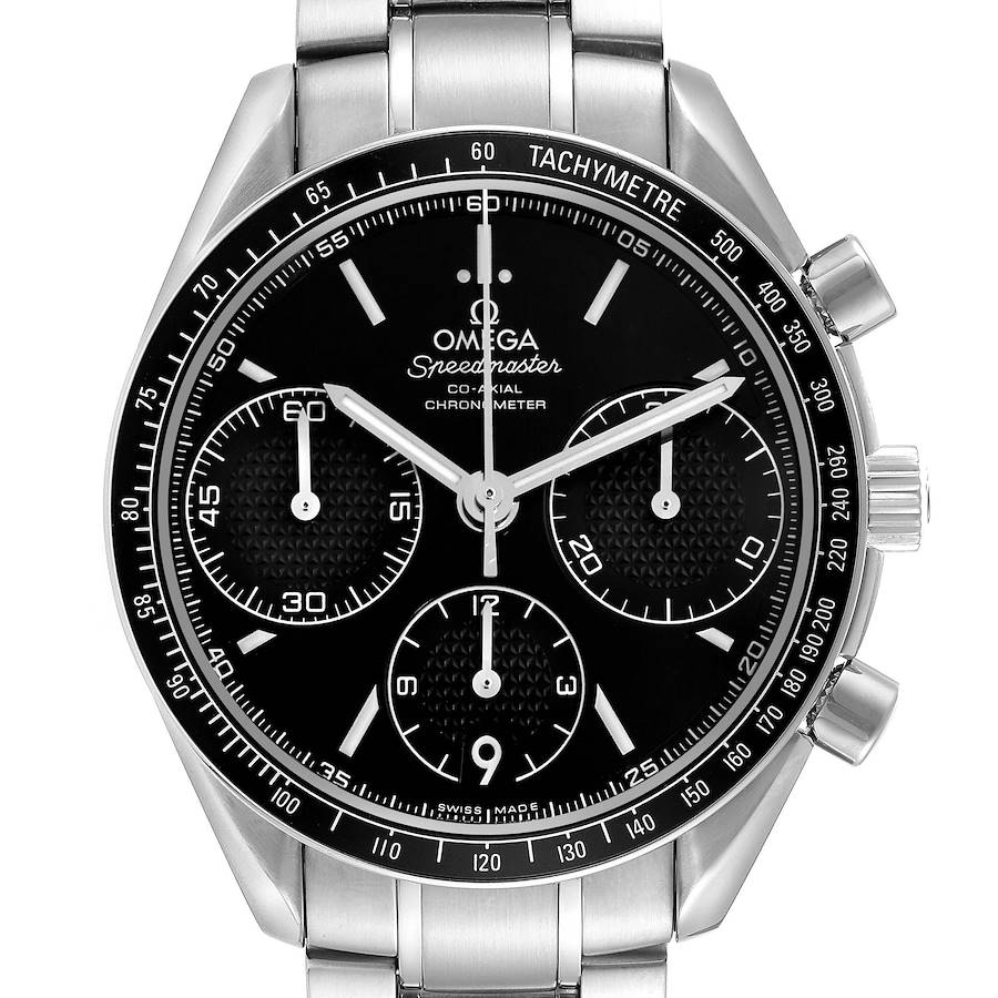 The image shows a frontal view of the Omega Speedmaster 326.30.40.50.01.001, featuring its tachymeter bezel, chronograph subdials, and stainless steel bracelet.