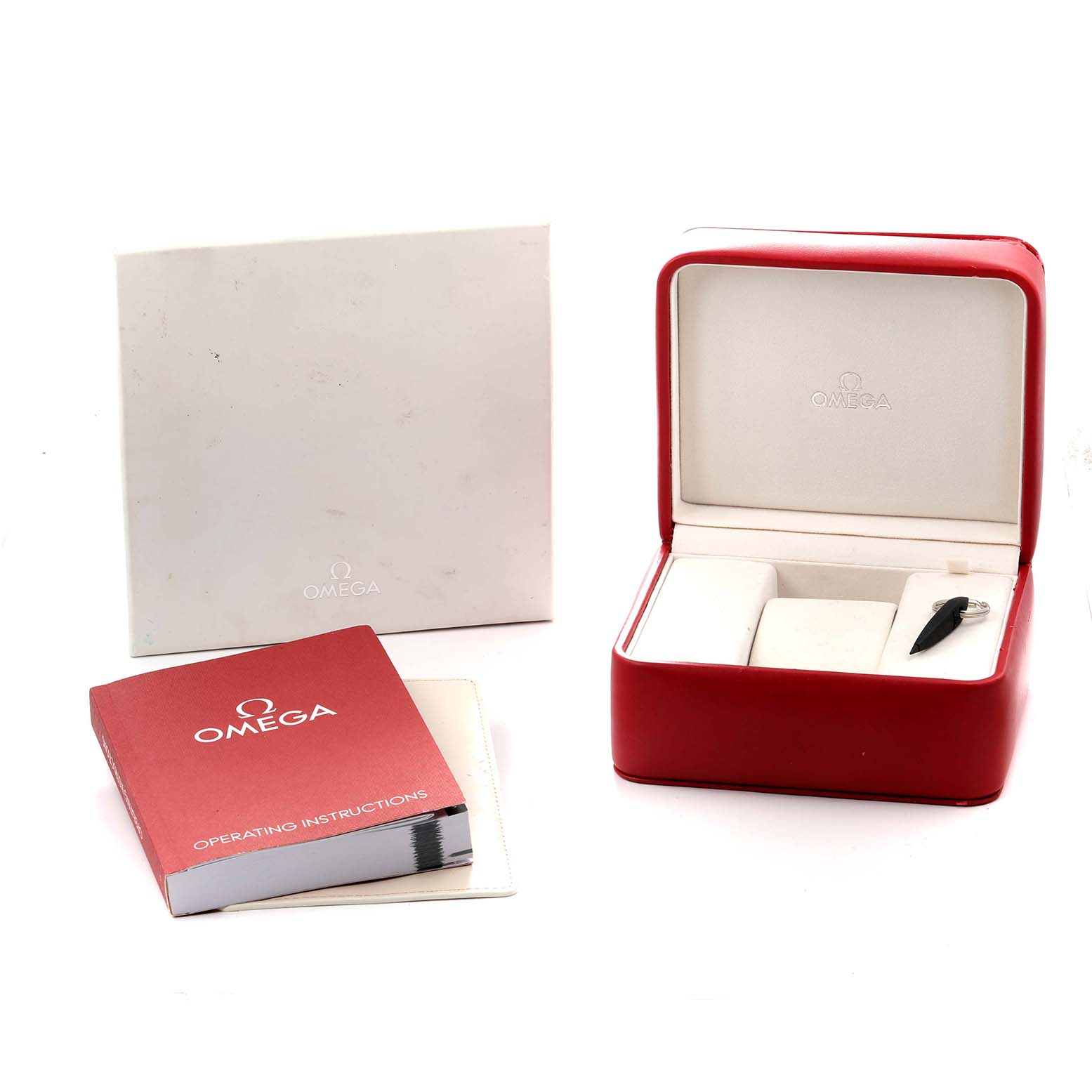 The image shows an Omega Speedmaster 326.30.40.50.01.001 Men
s Stainless Steel Black Dial watch box, a manual, and a white outer box from a front angle.