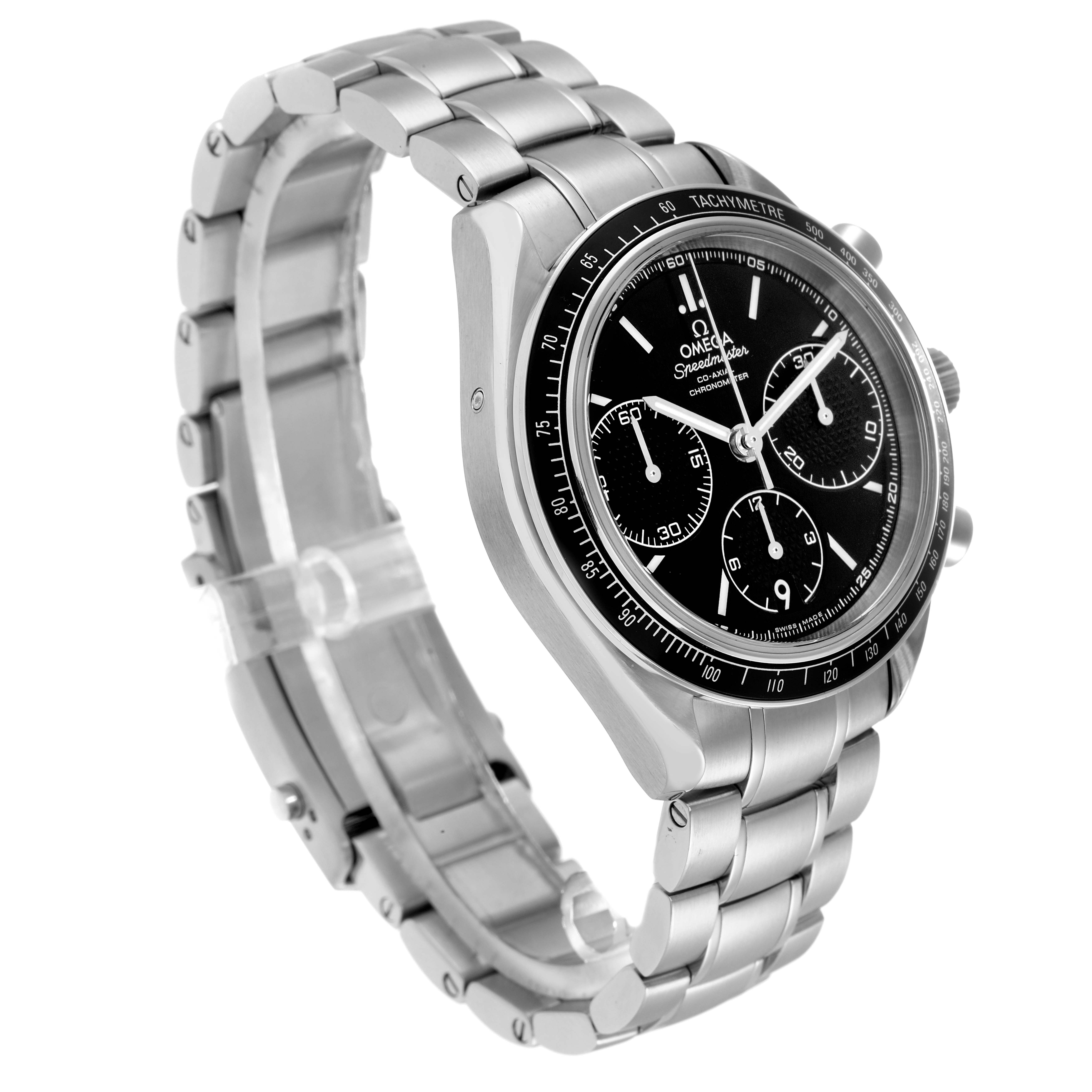 The Omega Speedmaster 326.30.40.50.01.001 Men
s Stainless Steel Black Dial watch is shown at a three-quarter angle, highlighting its face, case, bracelet, and tachymeter bezel.