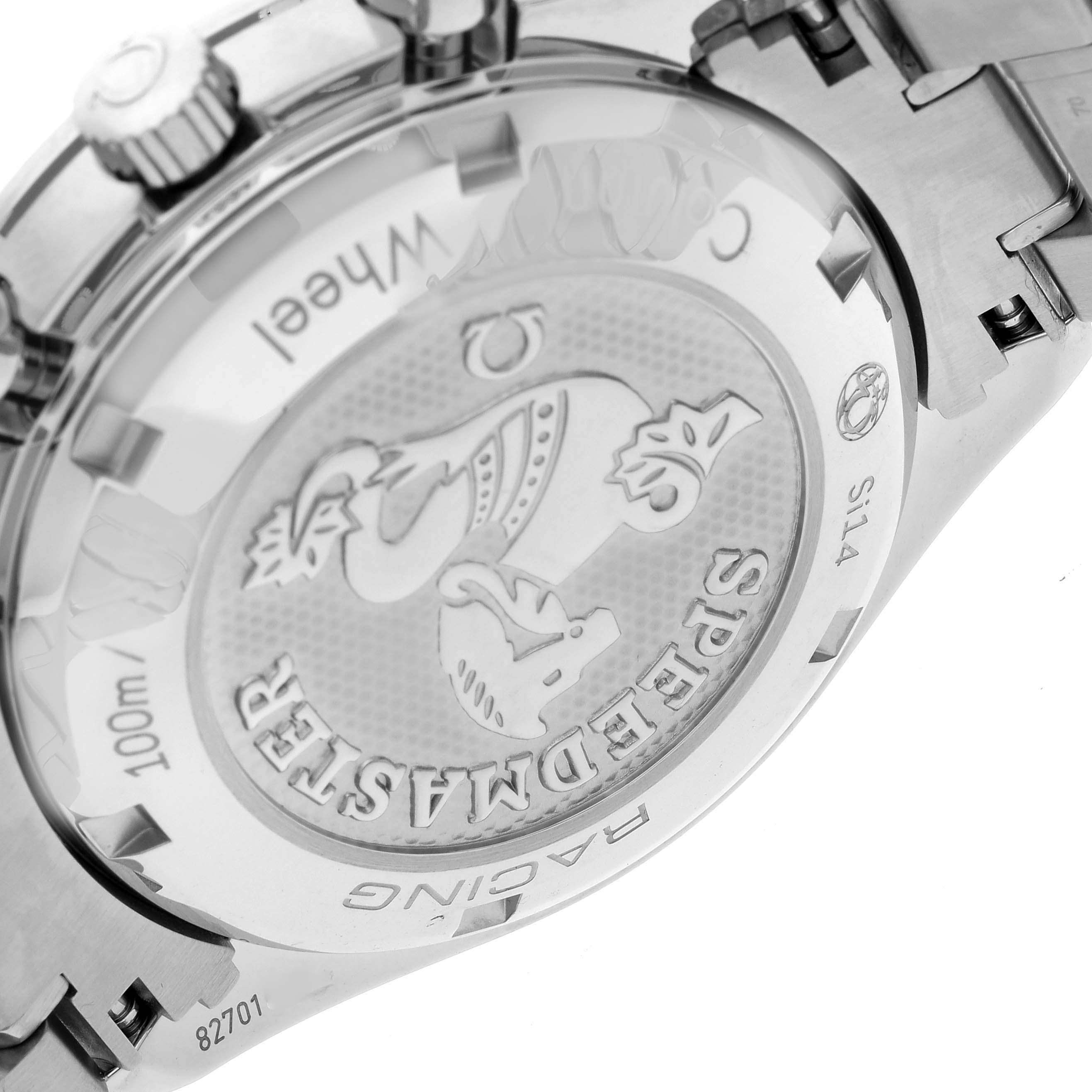 The image shows a close-up of the back case of an Omega Speedmaster 326.30.40.50.01.001 Men
s Stainless Steel Black Dial 326.30.40.50.01.001 Men
s Stainless Steel Black Dial Racing watch, highlighting the engravings and markings.