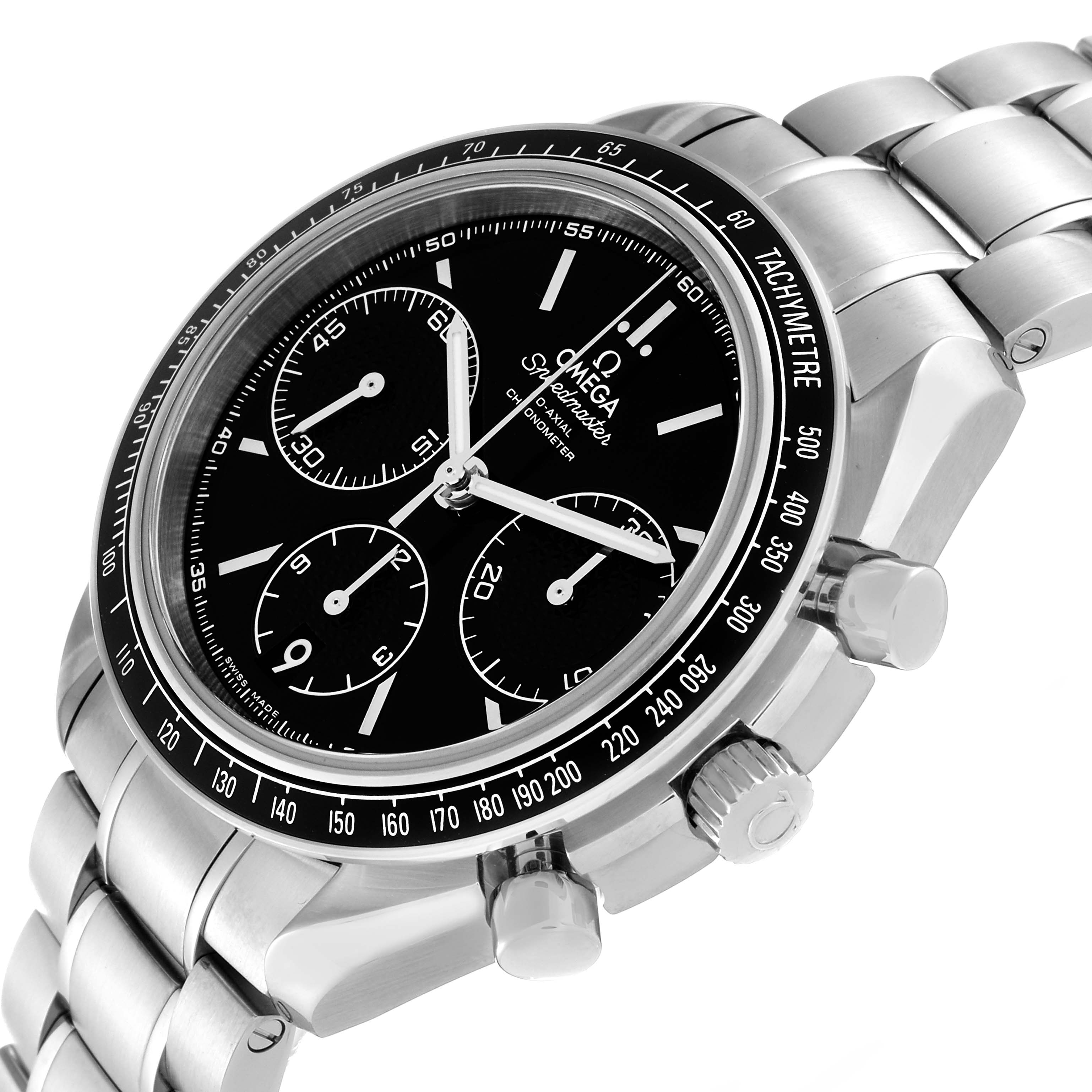 The image shows a close-up, angled view of the dial, bezel, pushers, and bracelet of an Omega Speedmaster 326.30.40.50.01.001 Men
s Stainless Steel Black Dial 326.30.40.50.01.001 Men
s Stainless Steel Black Dial watch.