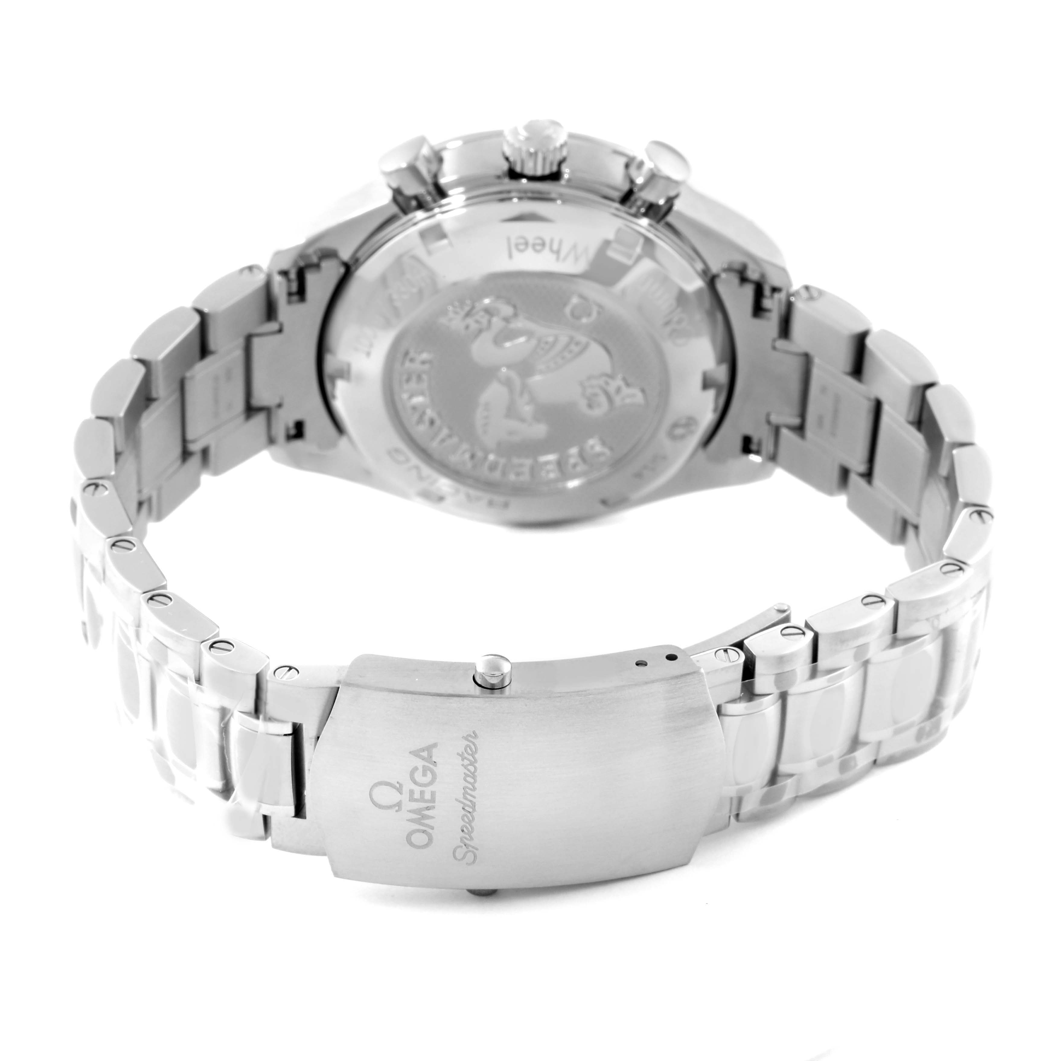 The image shows the back, clasp, and part of the stainless steel bracelet of an Omega Speedmaster 326.30.40.50.01.001 Men
s Stainless Steel Black Dial 326.30.40.50.01.001 Men
s Stainless Steel Black Dial.