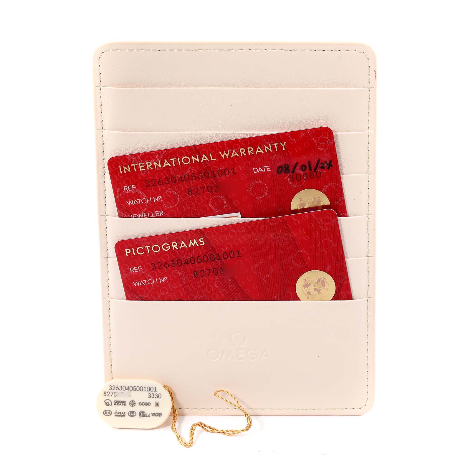 This image shows the warranty cards and pictogram cards in a white cardholder for the Omega Speedmaster 326.30.40.50.01.001 Men
s Stainless Steel Black Dial 326.30.40.50.01.001 Men
s Stainless Steel Black Dial watch.