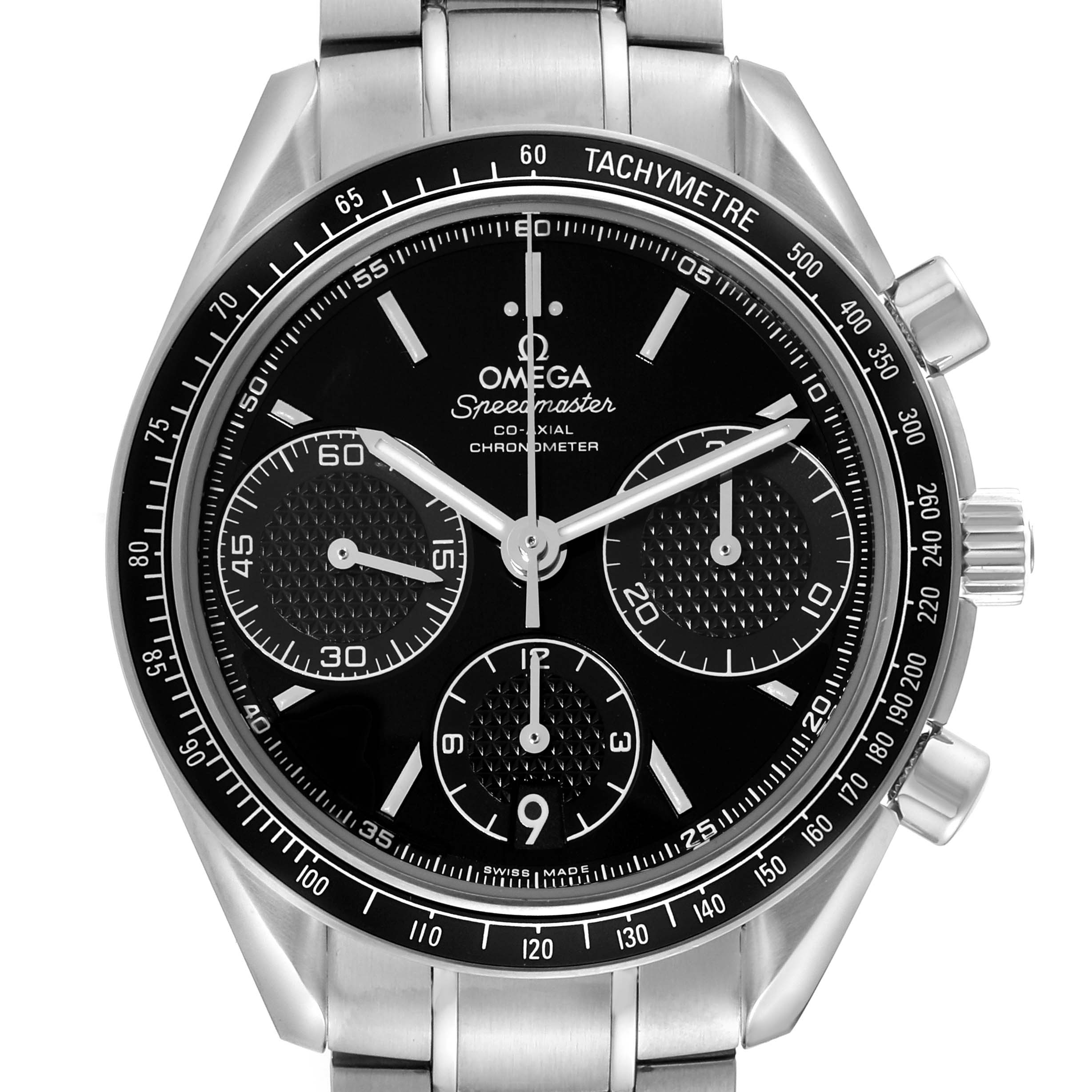 The image shows a front view of an Omega Speedmaster 326.30.40.50.01.001 Men
s Stainless Steel Black Dial 326.30.40.50.01.001 Men
s Stainless Steel Black Dial watch, focusing on the dial, bezel, and buttons.