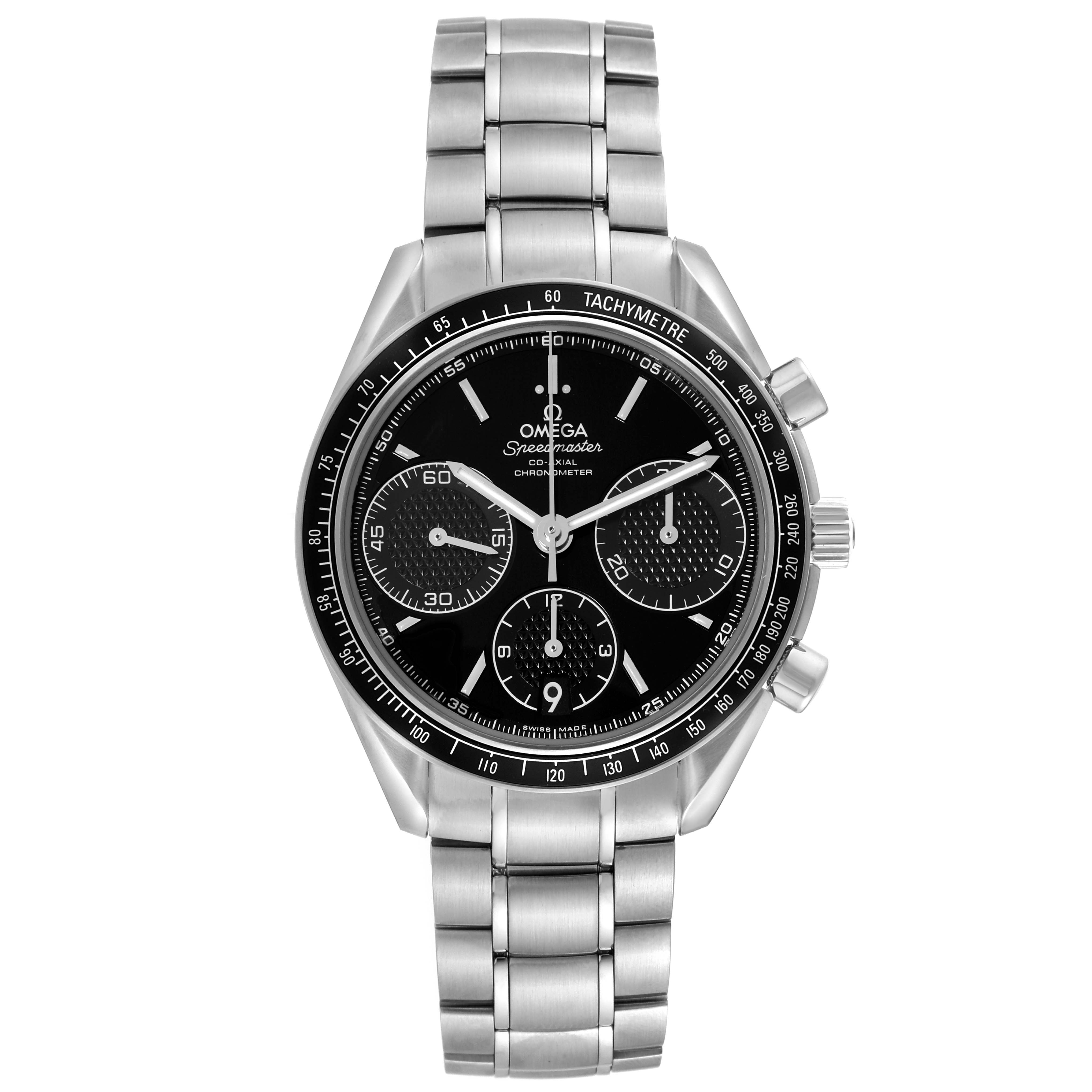 The Omega Speedmaster 326.30.40.50.01.001 Men
s Stainless Steel Black Dial 326.30.40.50.01.001 Men
s Stainless Steel Black Dial watch shown is viewed from the front, displaying its face, bezel, and metal bracelet.