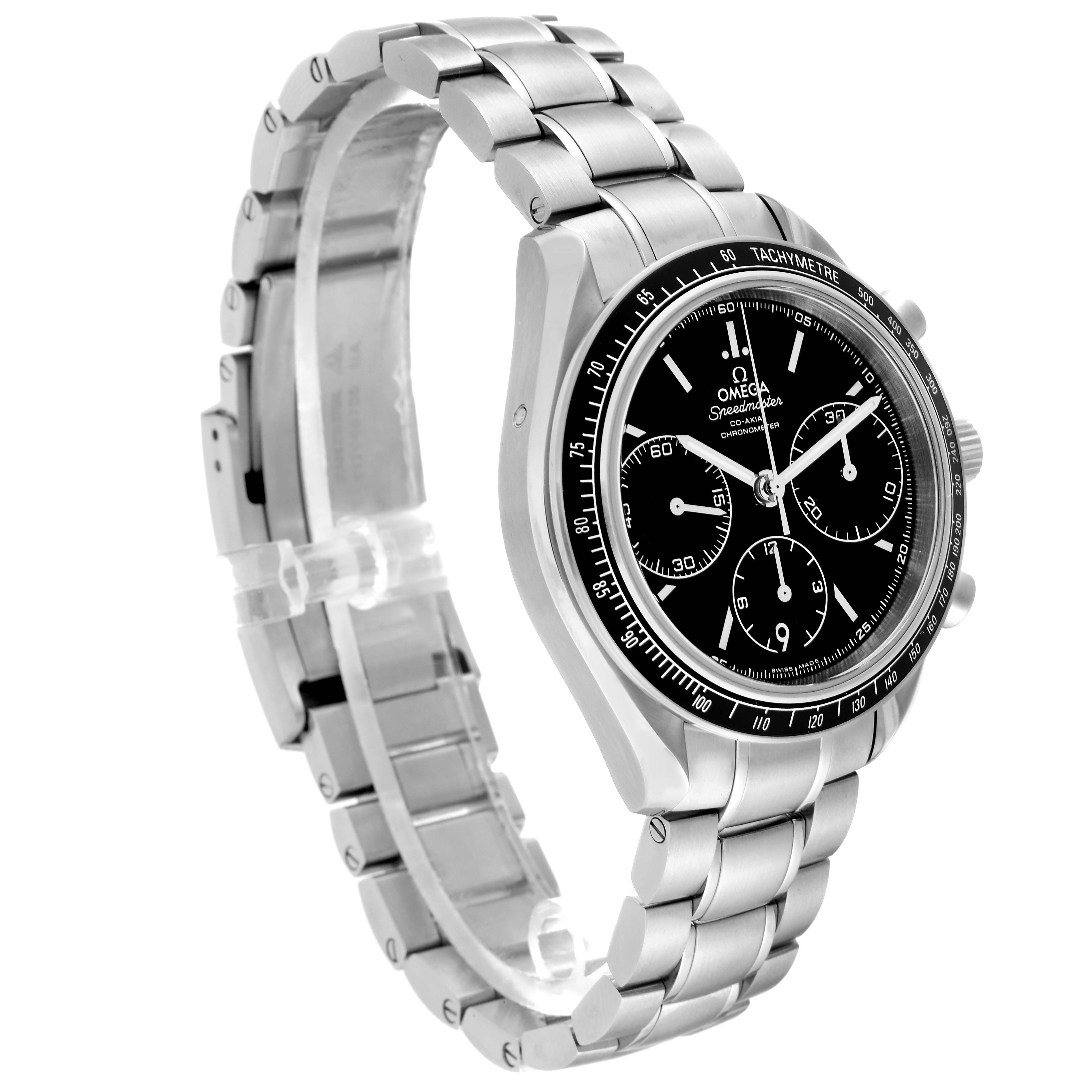 The Omega Speedmaster 326.30.40.50.01.001 Men
s Stainless Steel Black Dial 326.30.40.50.01.001 Men
s Stainless Steel Black Dial watch is shown at an angle displaying its face, bezel, and stainless steel bracelet.