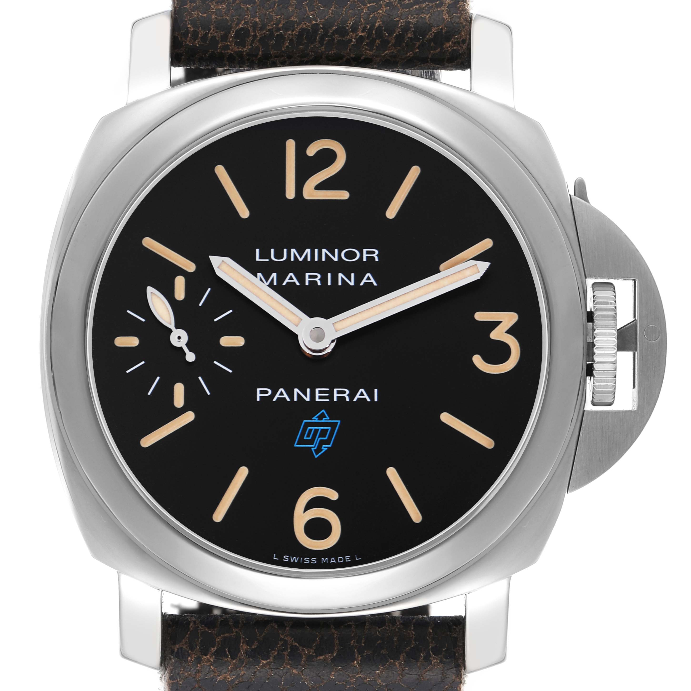 The Panerai Luminor PAM00631 Men
s Stainless Steel Black Dial watch is shown from a front angle, highlighting the face, numerals, and crown guard.