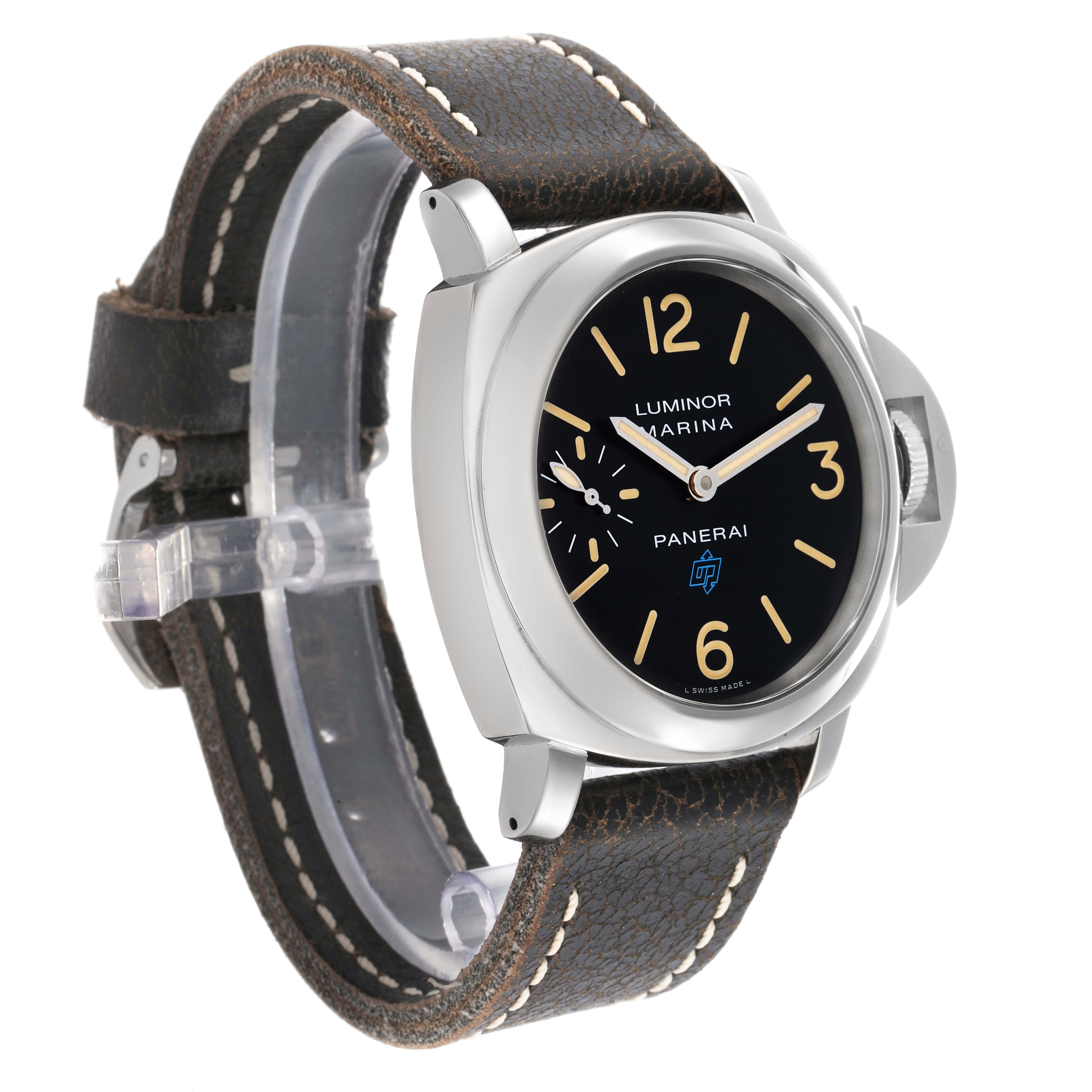 The Panerai Luminor PAM00631 Men
s Stainless Steel Black Dial watch is shown at an angled view, highlighting the face, crown guard, and leather strap.