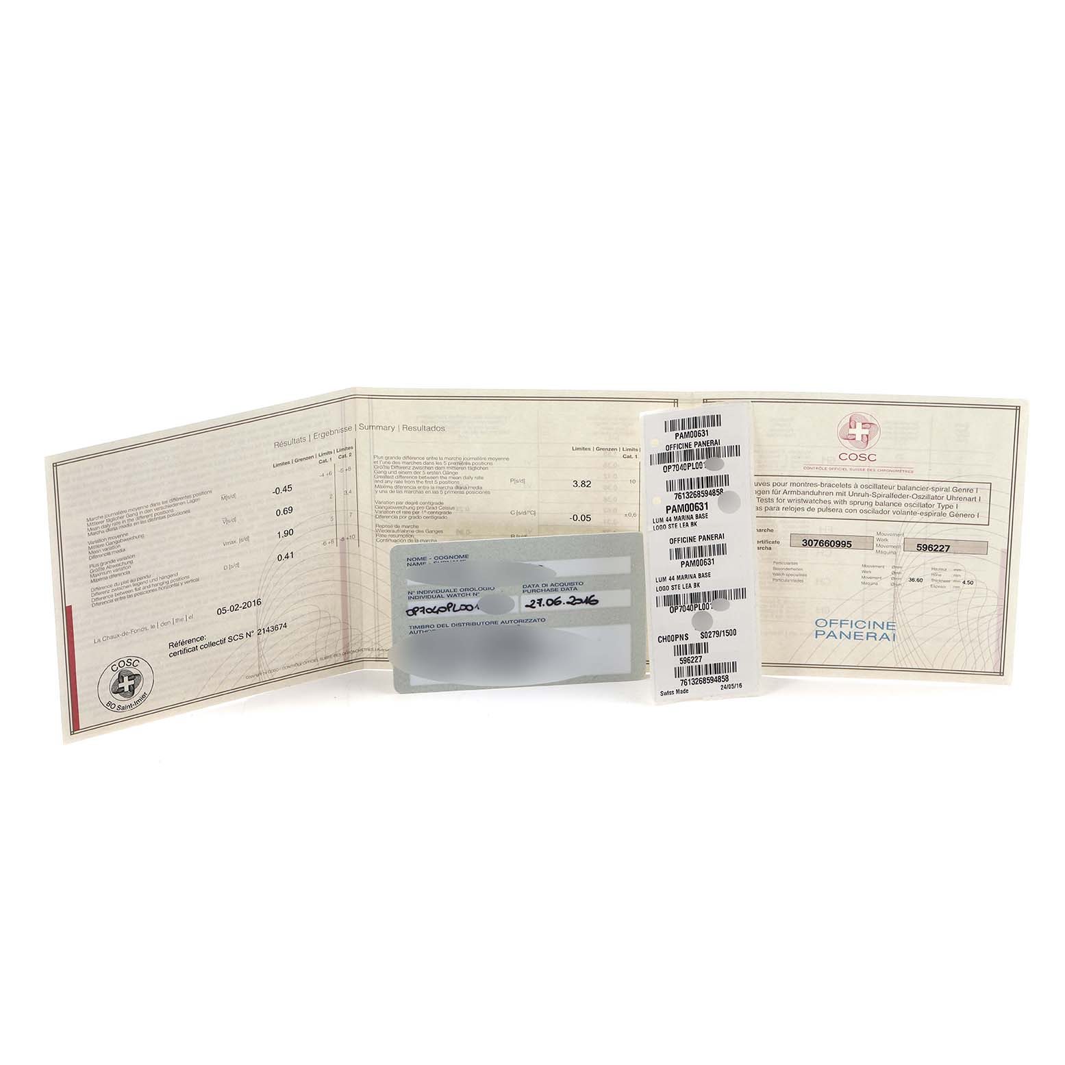 The image shows documentation for a Luminor model by Panerai, including a certificate and warranty card, viewed from the front.