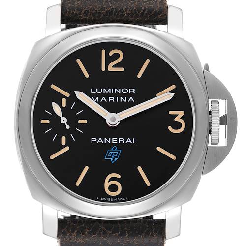 The Panerai Luminor PAM00631 men's watch is shown front-facing, highlighting its black dial, hour markers, hands, and signature crown guard.