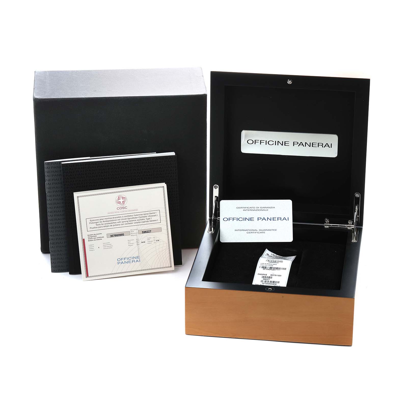 The image shows the packaging and accessories for a Panerai Luminor PAM00631 Men
s Stainless Steel Black Dial watch, including the open box and documentation.