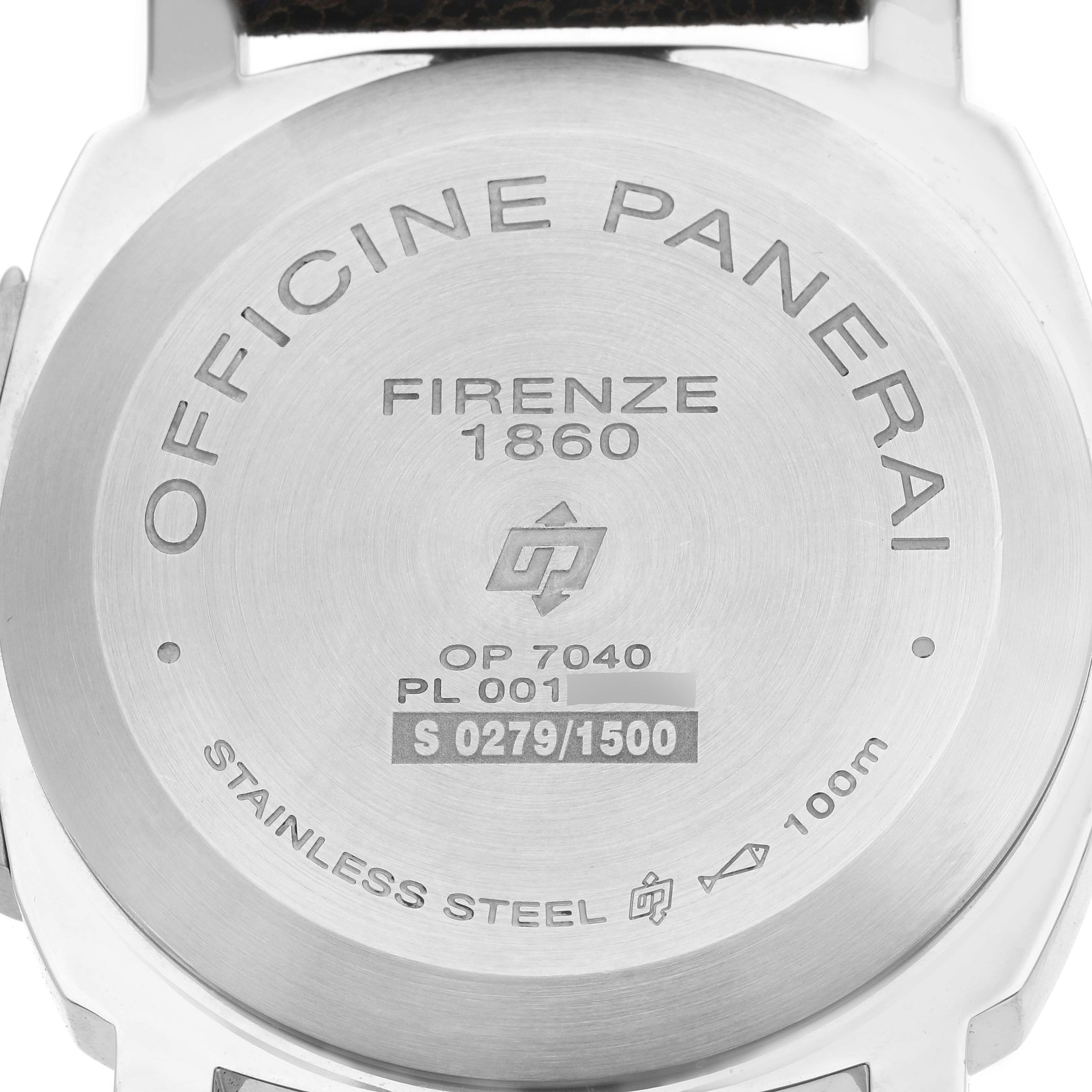 The image shows the back of a Panerai Luminor PAM00631 Men
s Stainless Steel Black Dial watch, highlighting engravings and model details.