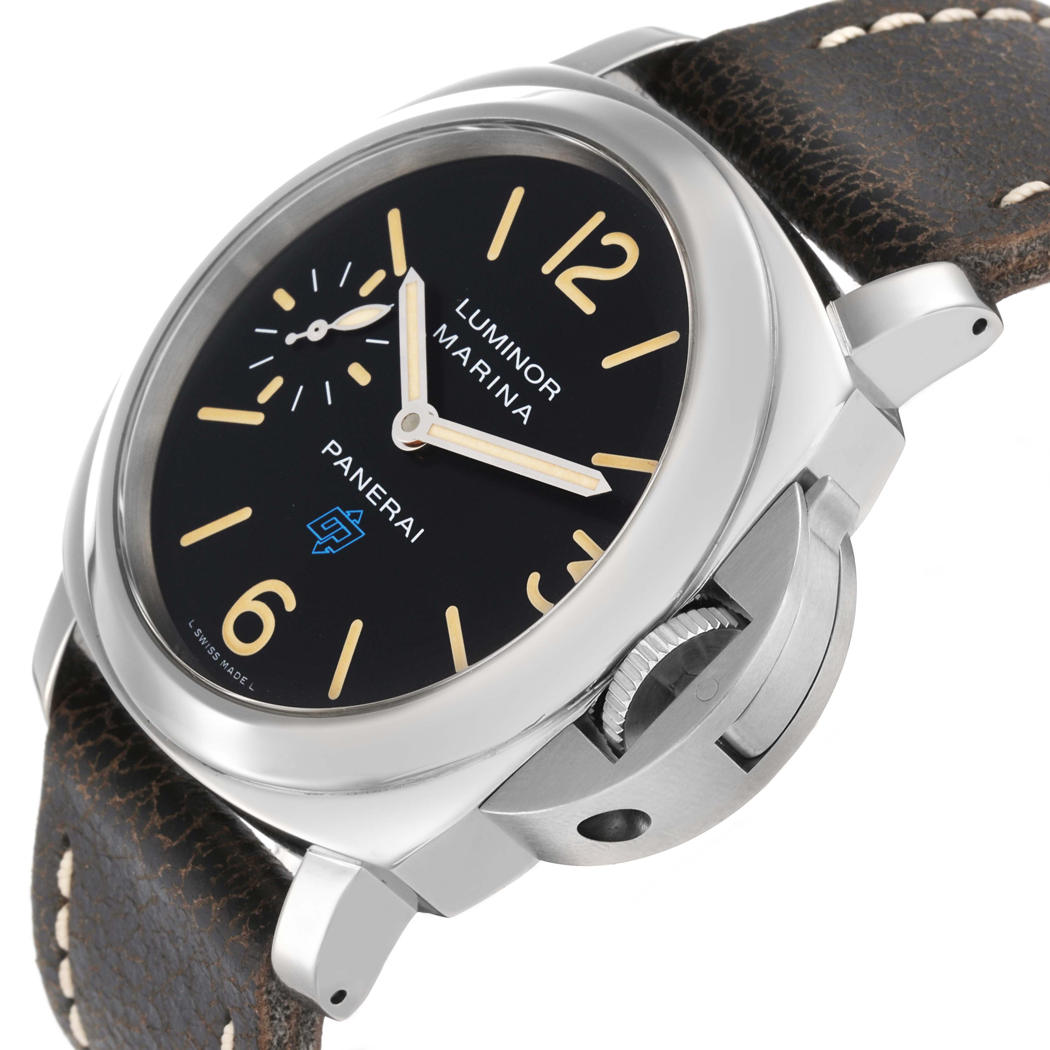 The Panerai Luminor PAM00631 Men
s Stainless Steel Black Dial watch is shown at an angle highlighting its dial, crown guard, and leather strap.