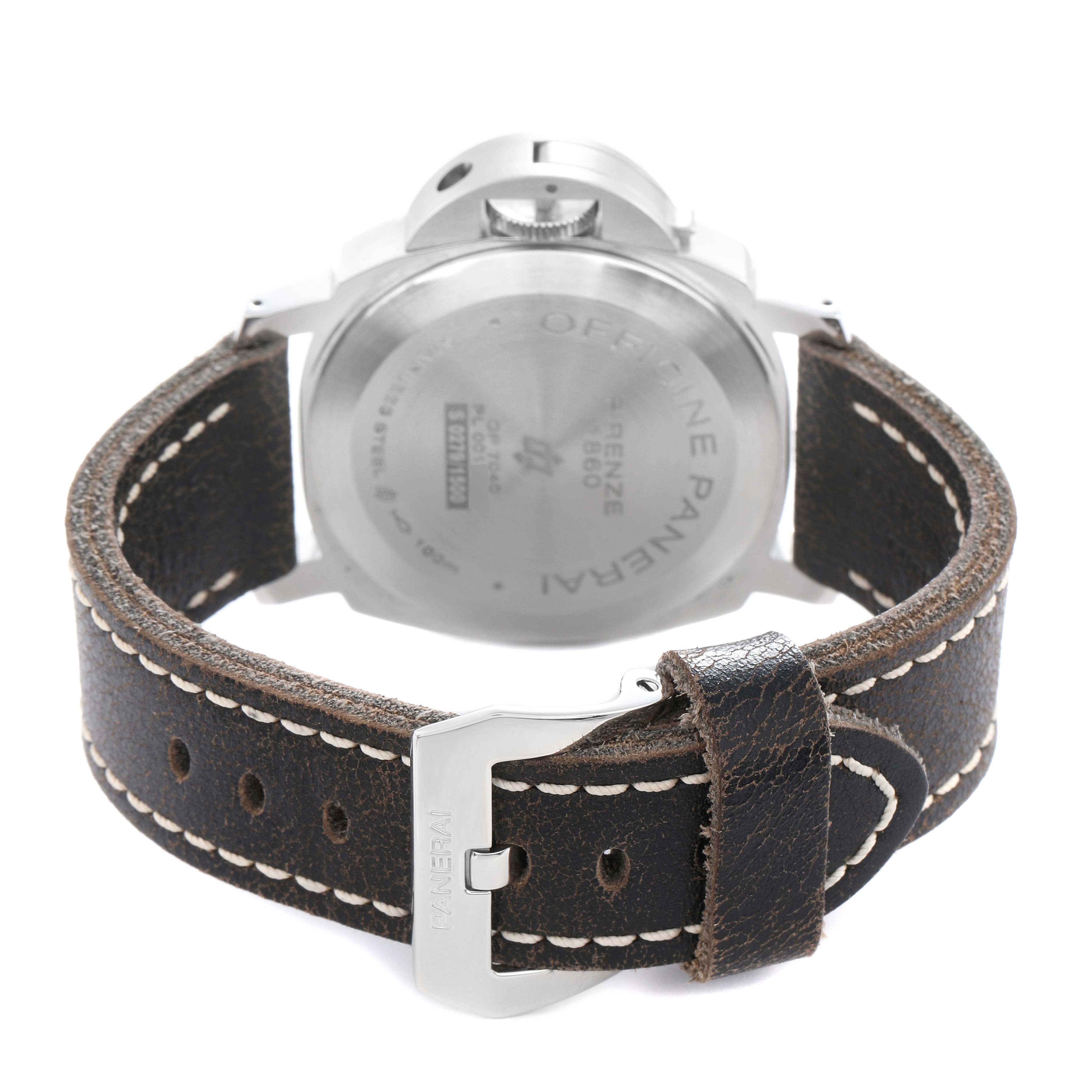 The image shows the back of a Panerai Luminor PAM00631 Men
s Stainless Steel Black Dial watch with a wide leather strap and buckle.