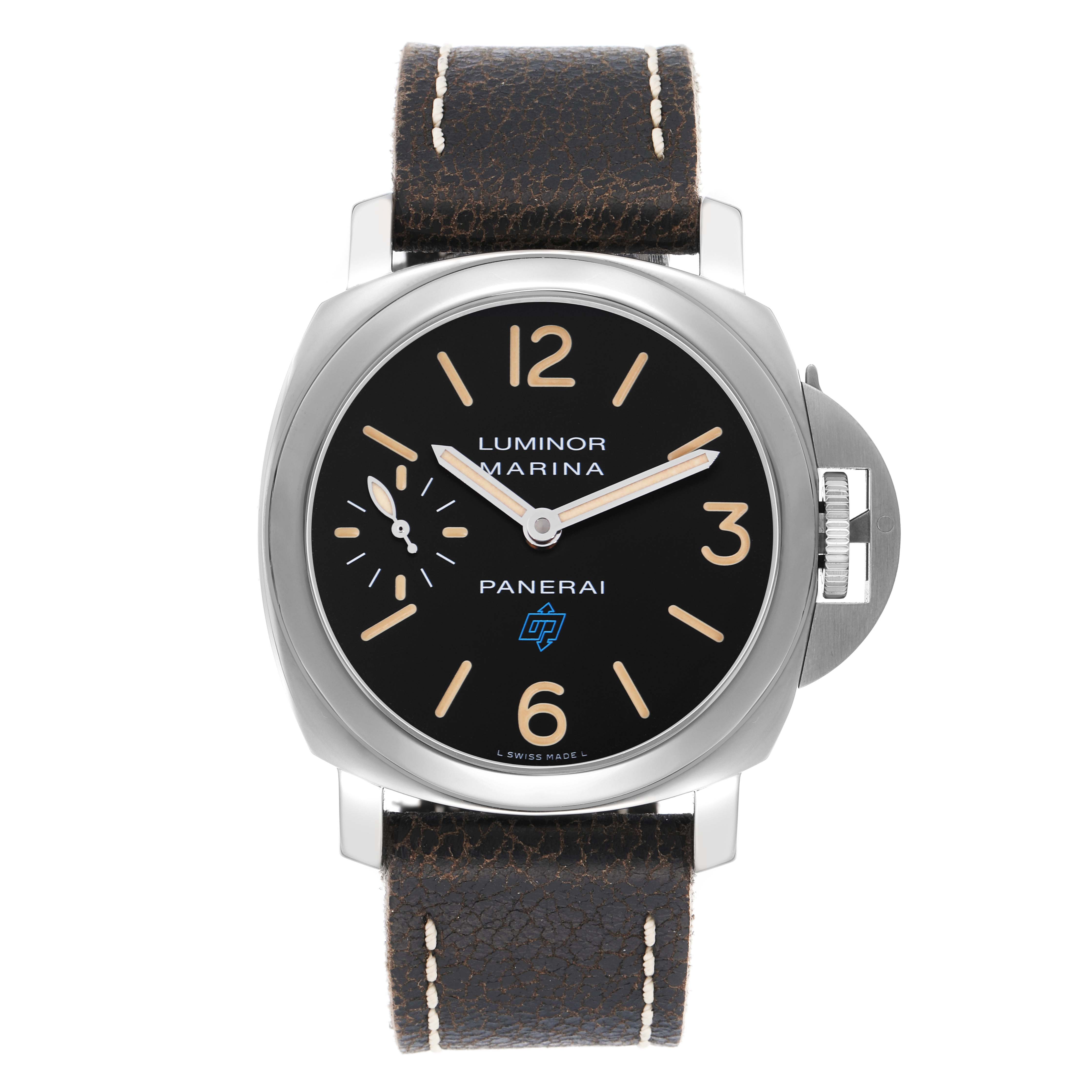 The Panerai Luminor PAM00631 Men
s Stainless Steel Black Dial watch is shown from a front angle, displaying the dial, case, crown guard, and leather strap.