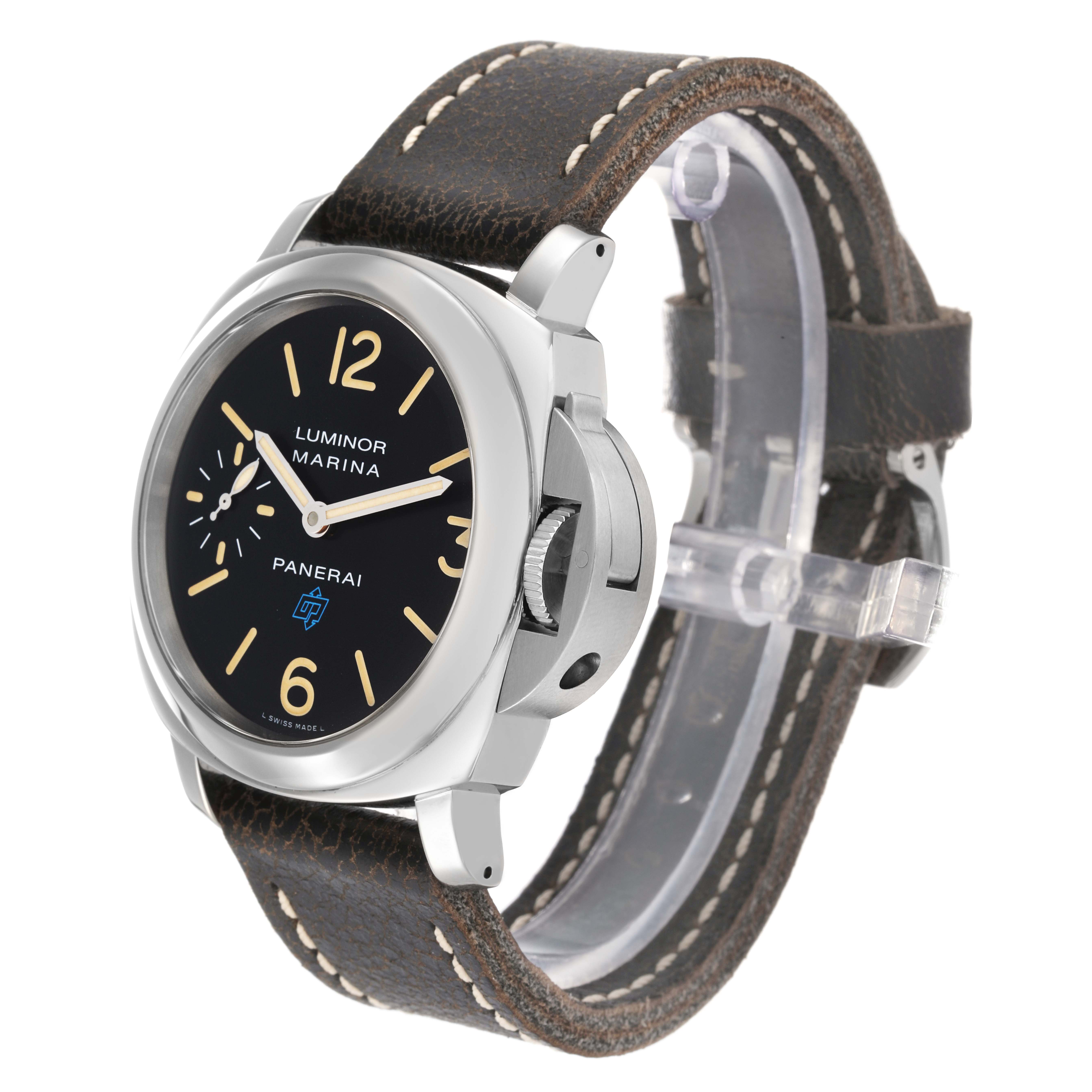 The Panerai Luminor PAM00631 Men
s Stainless Steel Black Dial model is shown at a three-quarter angle, highlighting the case, dial, crown guard, and strap.