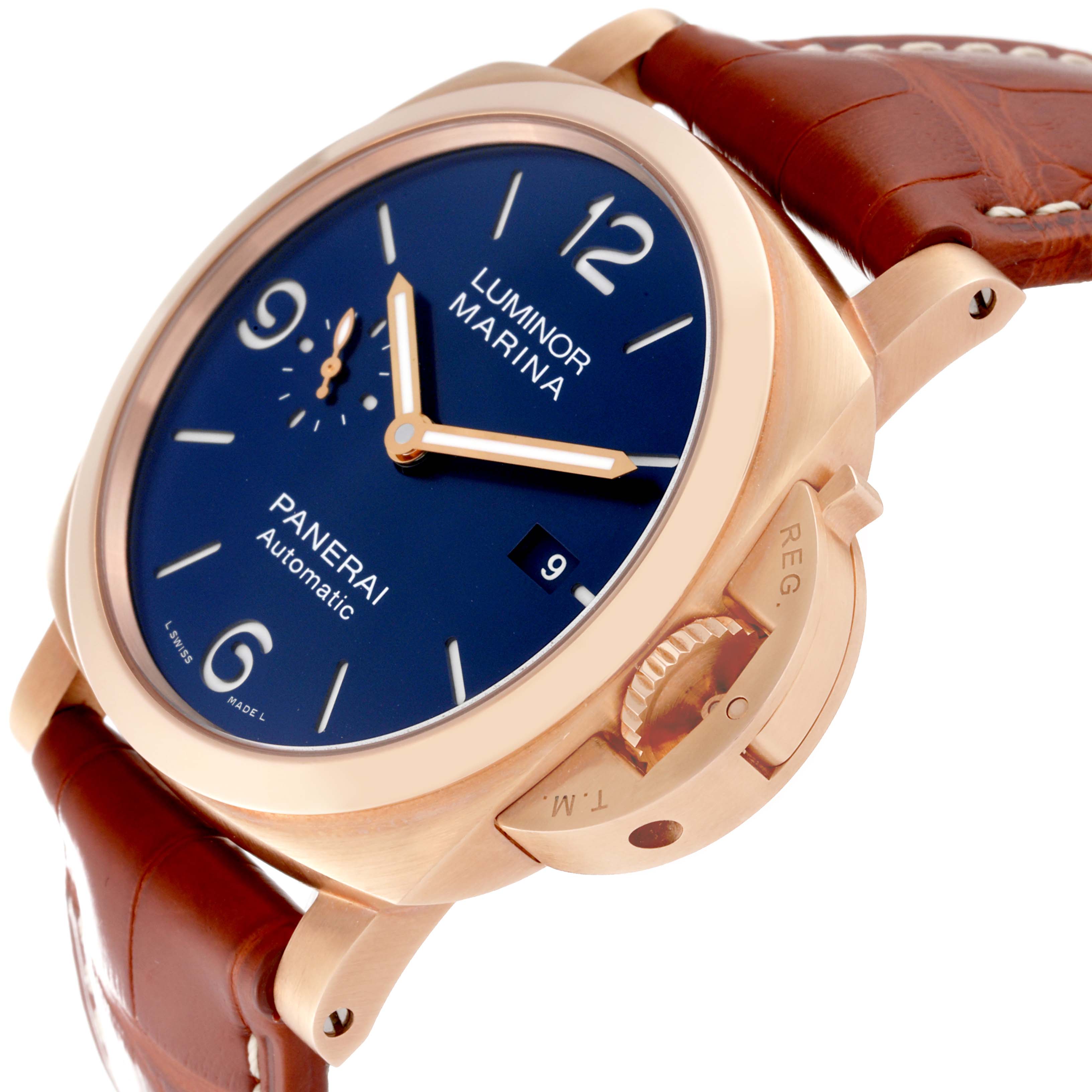 This image shows a side angle of a Panerai Luminor PAM01112 Men
s Rose Gold Blue Dial PAM01112 Men
s Rose Gold Blue Dial watch, showcasing its dial, crown guard, and leather strap.