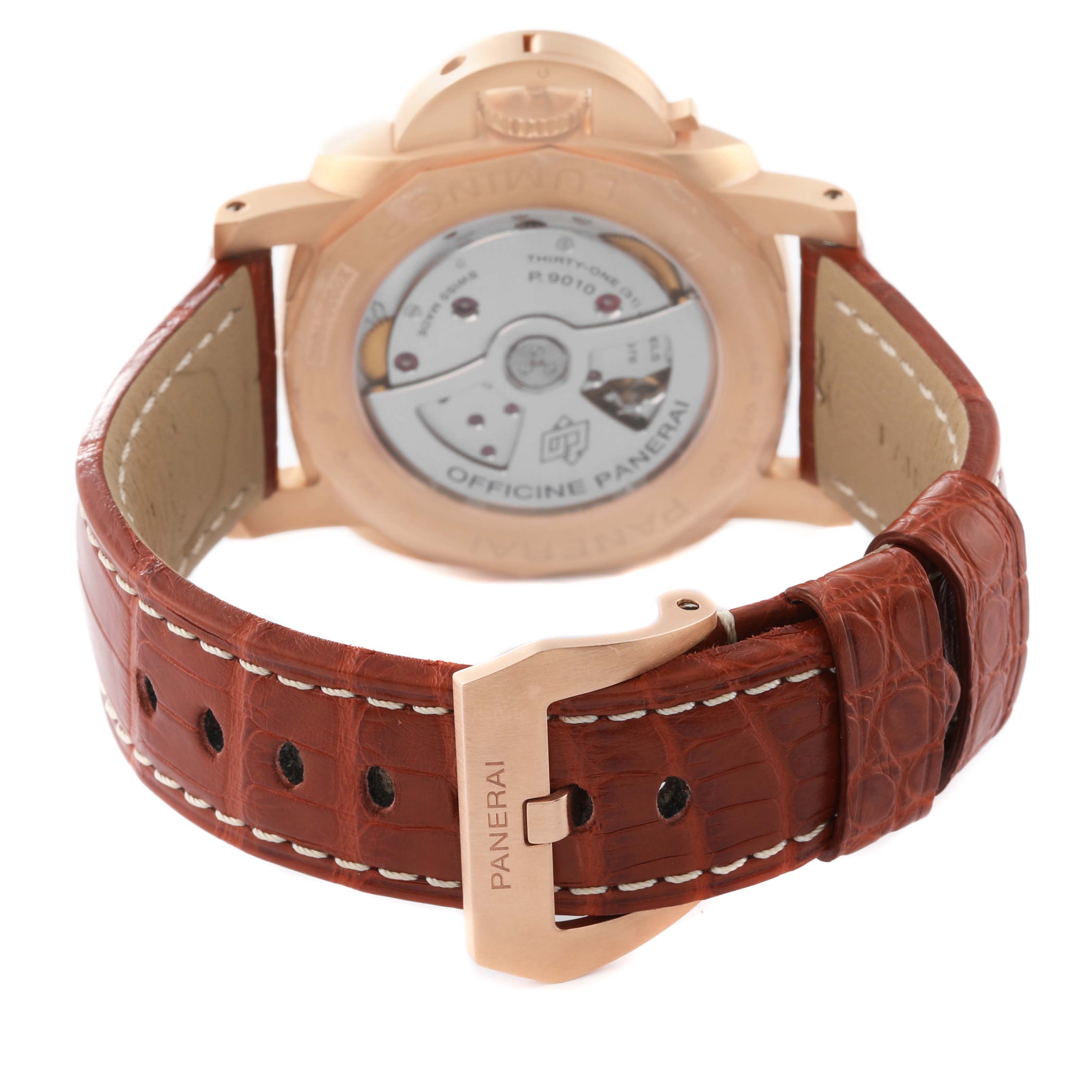 This image shows the back view of a Panerai Luminor PAM01112 Men
s Rose Gold Blue Dial PAM01112 Men
s Rose Gold Blue Dial watch, highlighting its movement and brown leather strap.