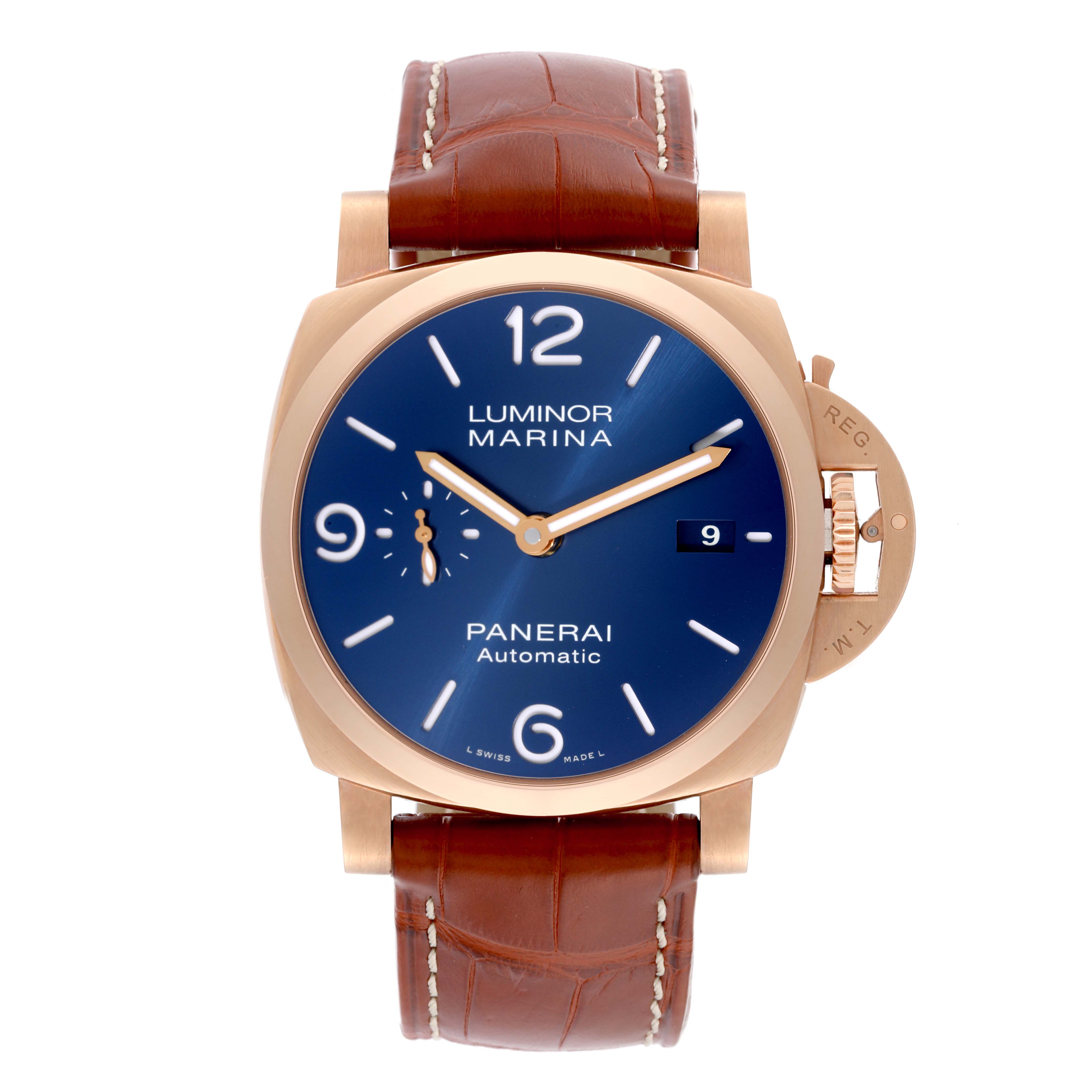 The Panerai Luminor PAM01112 Men
s Rose Gold Blue Dial PAM01112 Men
s Rose Gold Blue Dial watch is shown from the front, showcasing its blue dial, leather strap, and signature crown guard.