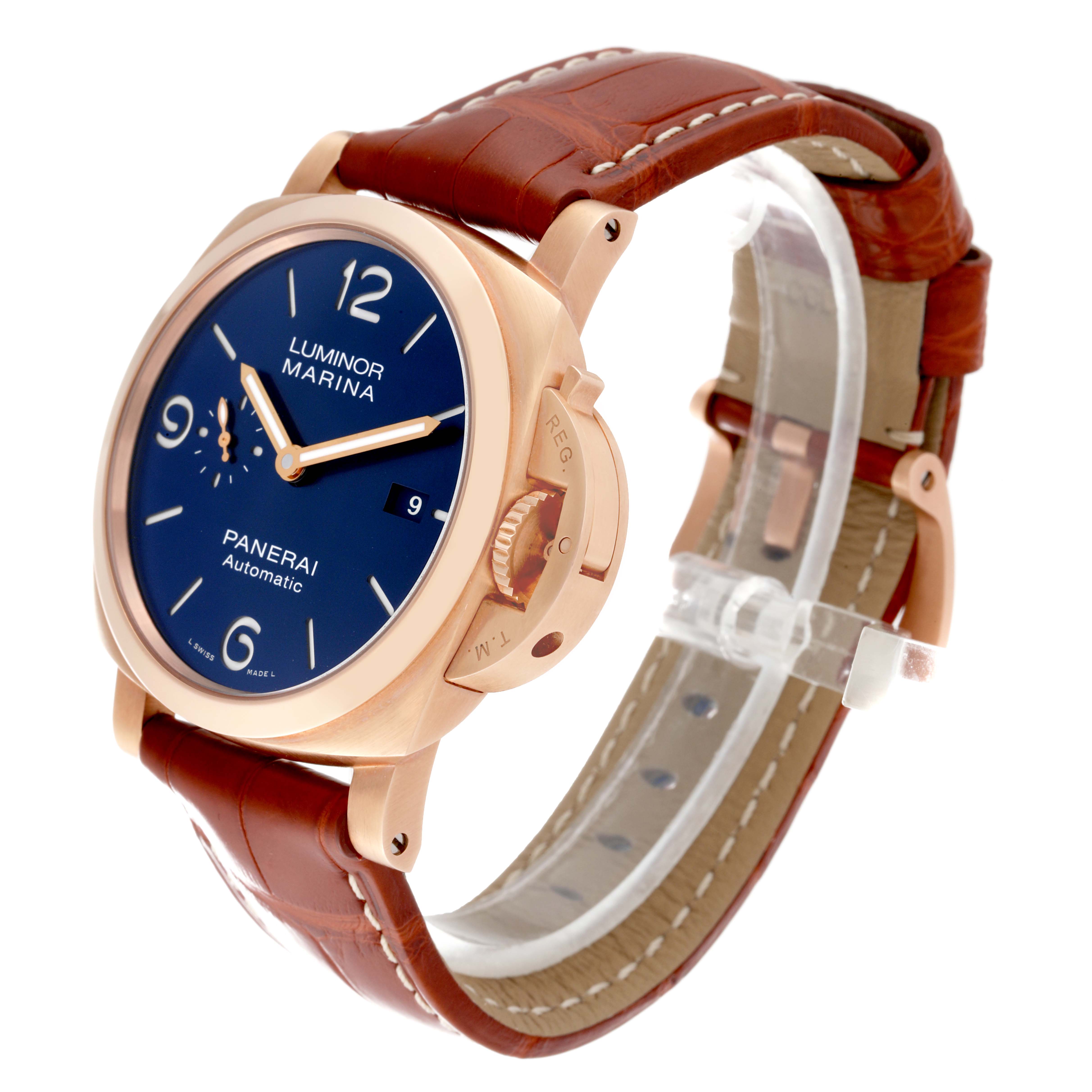 This Panerai Luminor PAM01112 Men
s Rose Gold Blue Dial PAM01112 Men
s Rose Gold Blue Dial Marina watch is shown at a three-quarter angle, highlighting the blue dial, crown guard, and brown leather strap.