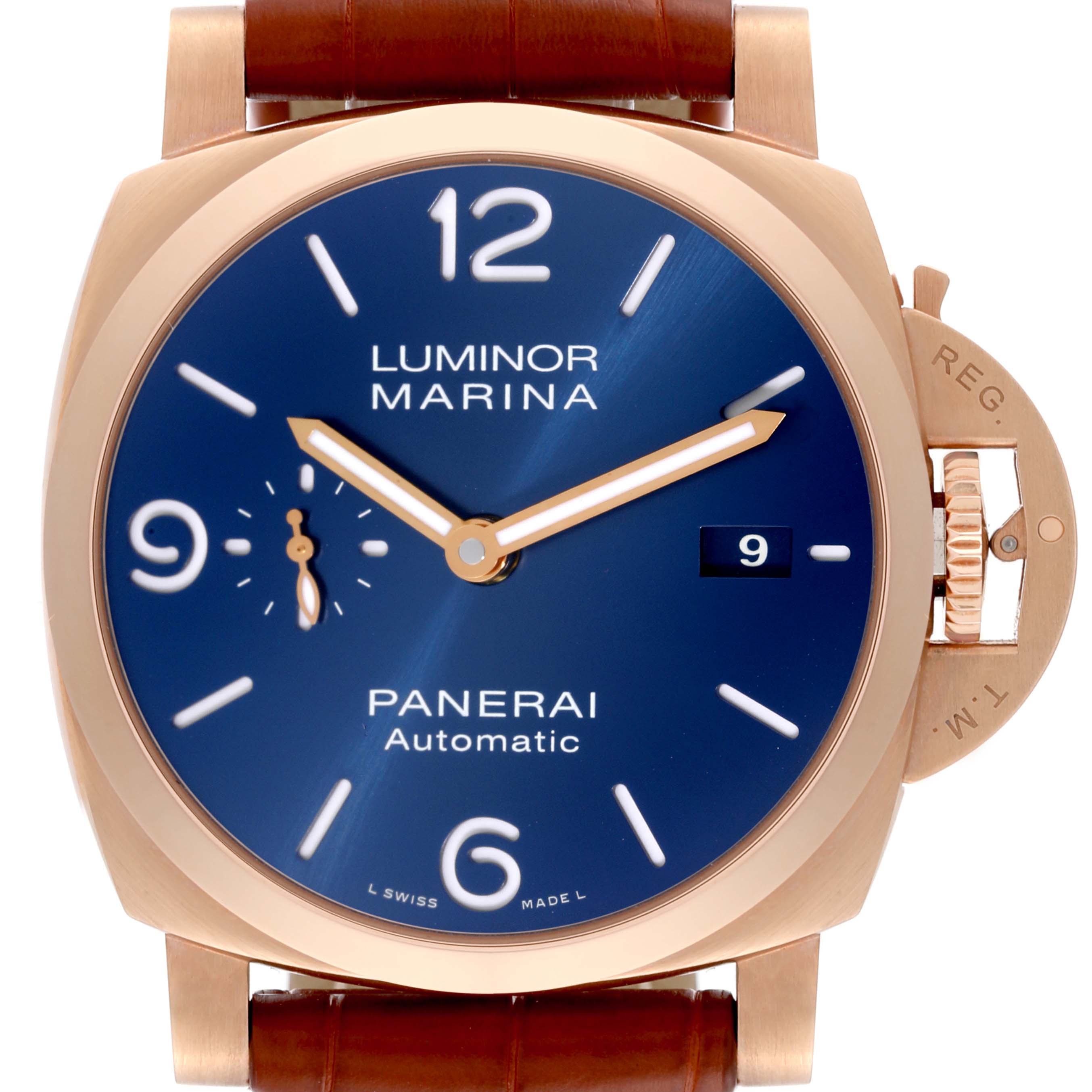 The image shows a front view of a Panerai Luminor PAM01112 Men
s Rose Gold Blue Dial PAM01112 Men
s Rose Gold Blue Dial Marina watch with a blue dial, gold case, and brown leather strap.