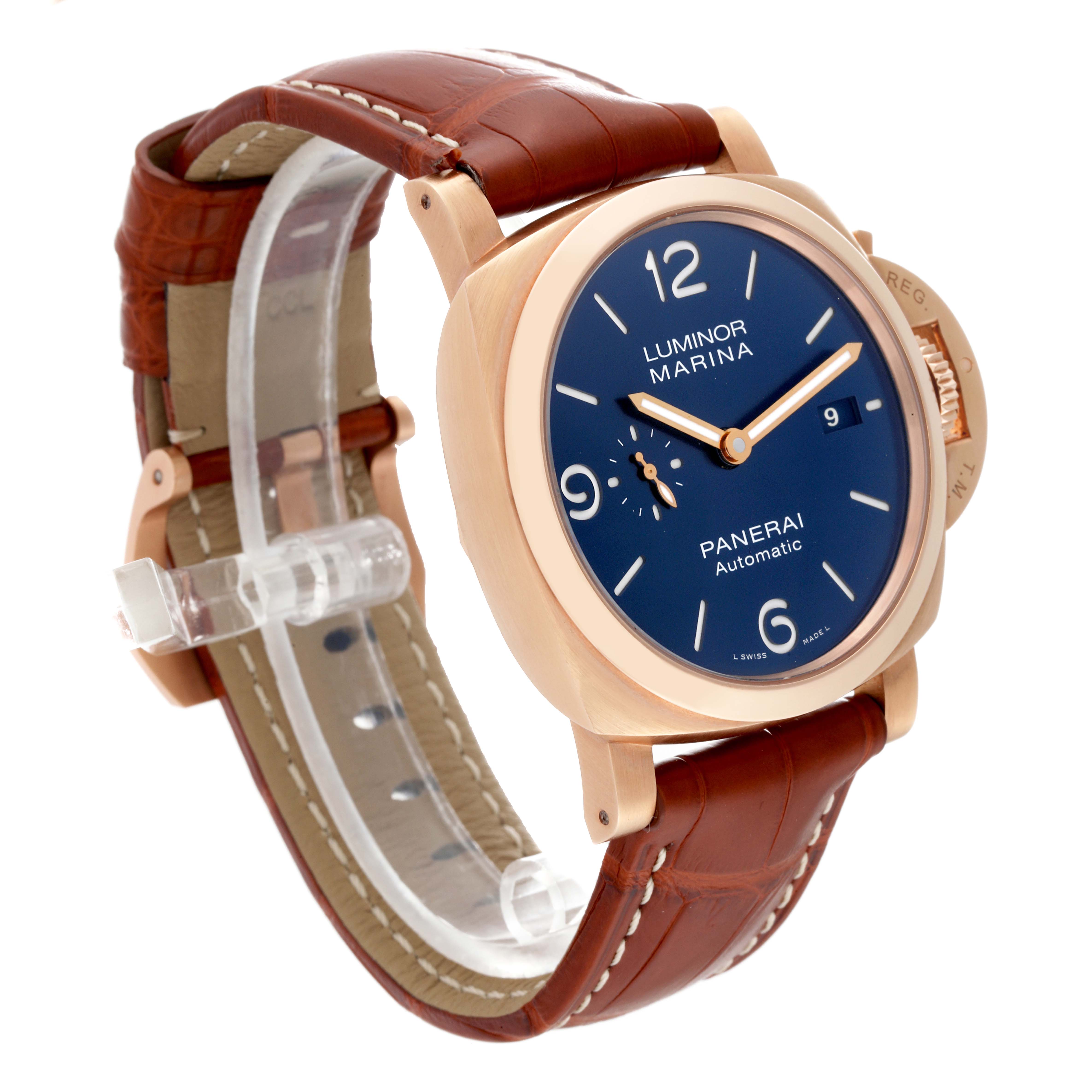 This Luminor model Panerai watch is shown at a three-quarter angle, displaying the case, dial, crown guard, and leather strap.