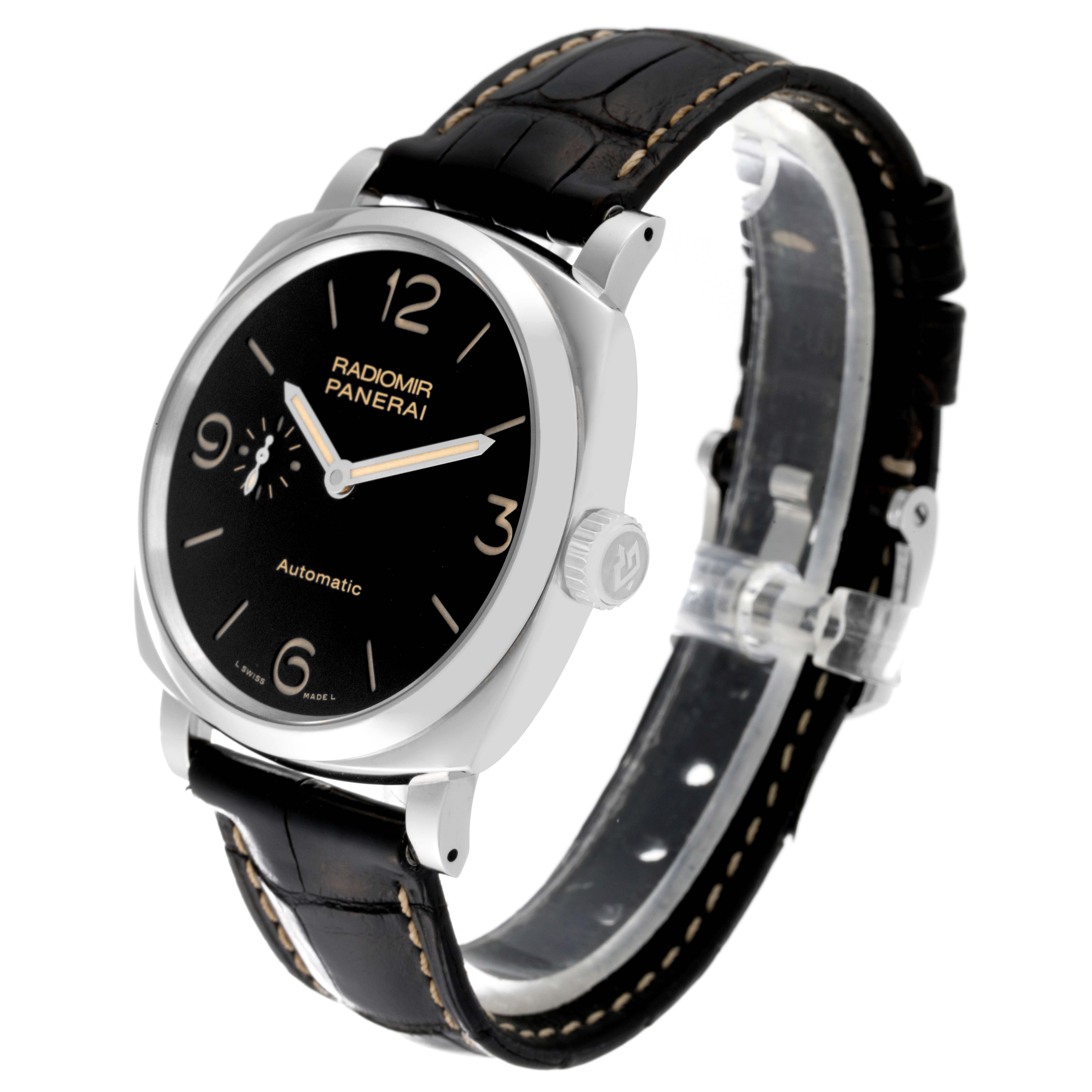 The image shows a Panerai Radiomir PAM00620 Men's Stainless Steel Black Dial PAM00620 Men's Stainless Steel Black Dial watch from an angled side view, highlighting the dial, crown, case, and strap.