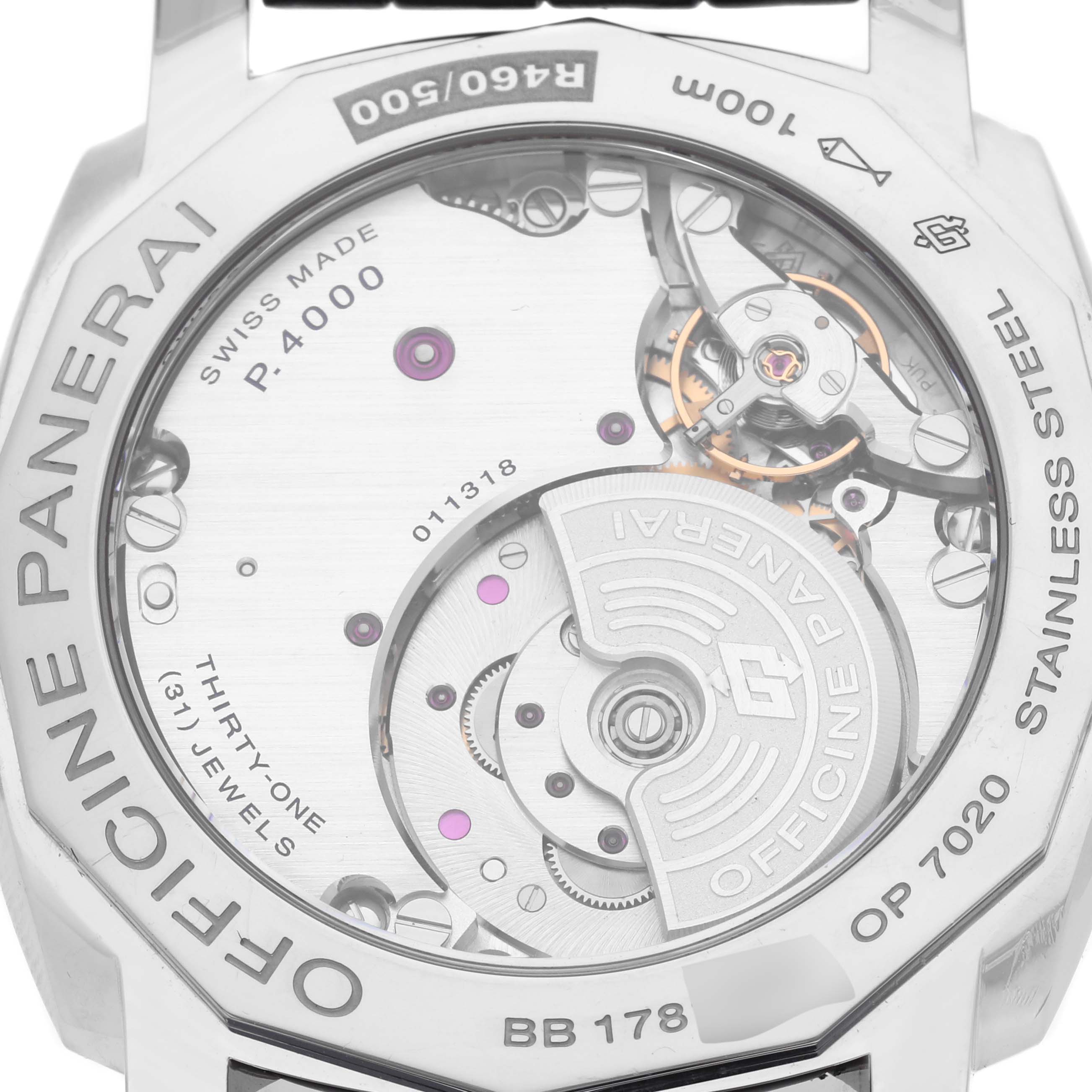 The image shows the back view of a Panerai Radiomir PAM00620 Men's Stainless Steel Black Dial PAM00620 Men's Stainless Steel Black Dial watch, highlighting its movement and internal components.