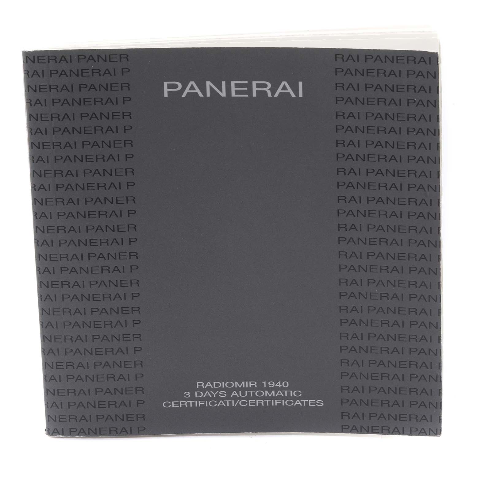 The image shows the instruction and certificate booklet for the Panerai Radiomir PAM00620 Men's Stainless Steel Black Dial PAM00620 Men's Stainless Steel Black Dial 1940 3 Days Automatic watch.