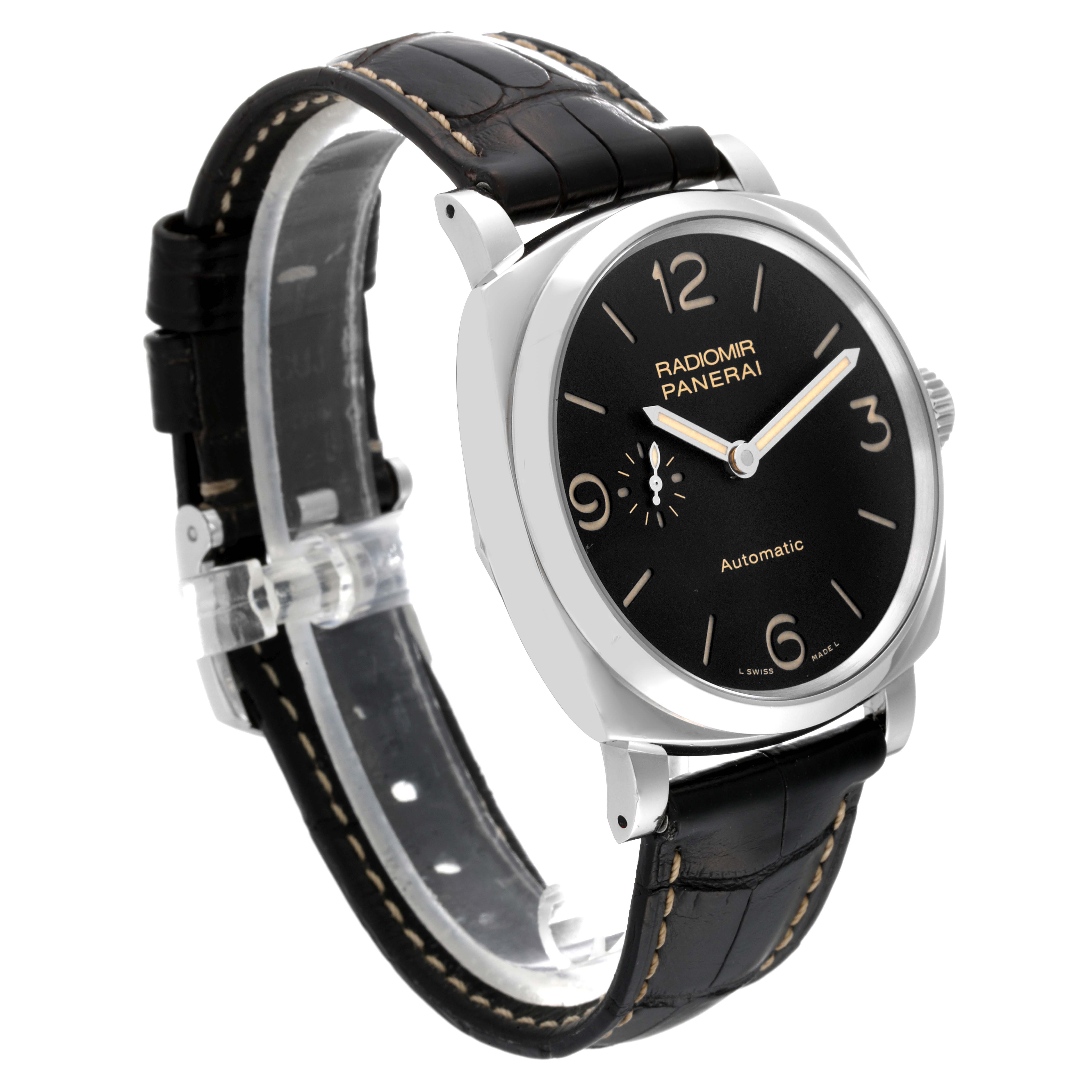 The Panerai Radiomir PAM00620 Men's Stainless Steel Black Dial PAM00620 Men's Stainless Steel Black Dial watch is shown at a three-quarter angle, displaying the face, bezel, crown, and strap.