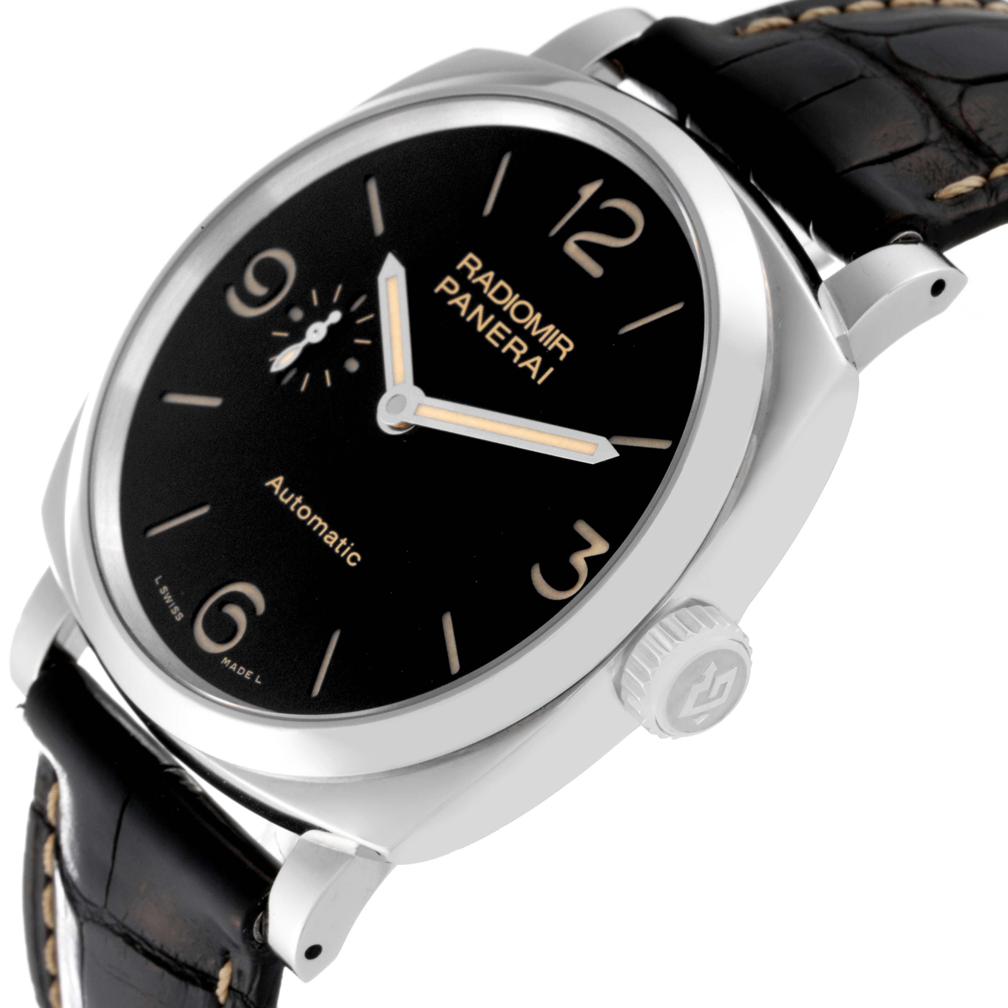 The image depicts a Panerai Radiomir PAM00620 Men's Stainless Steel Black Dial PAM00620 Men's Stainless Steel Black Dial watch at a slightly tilted angle, showcasing its dial, crown, and part of the strap.