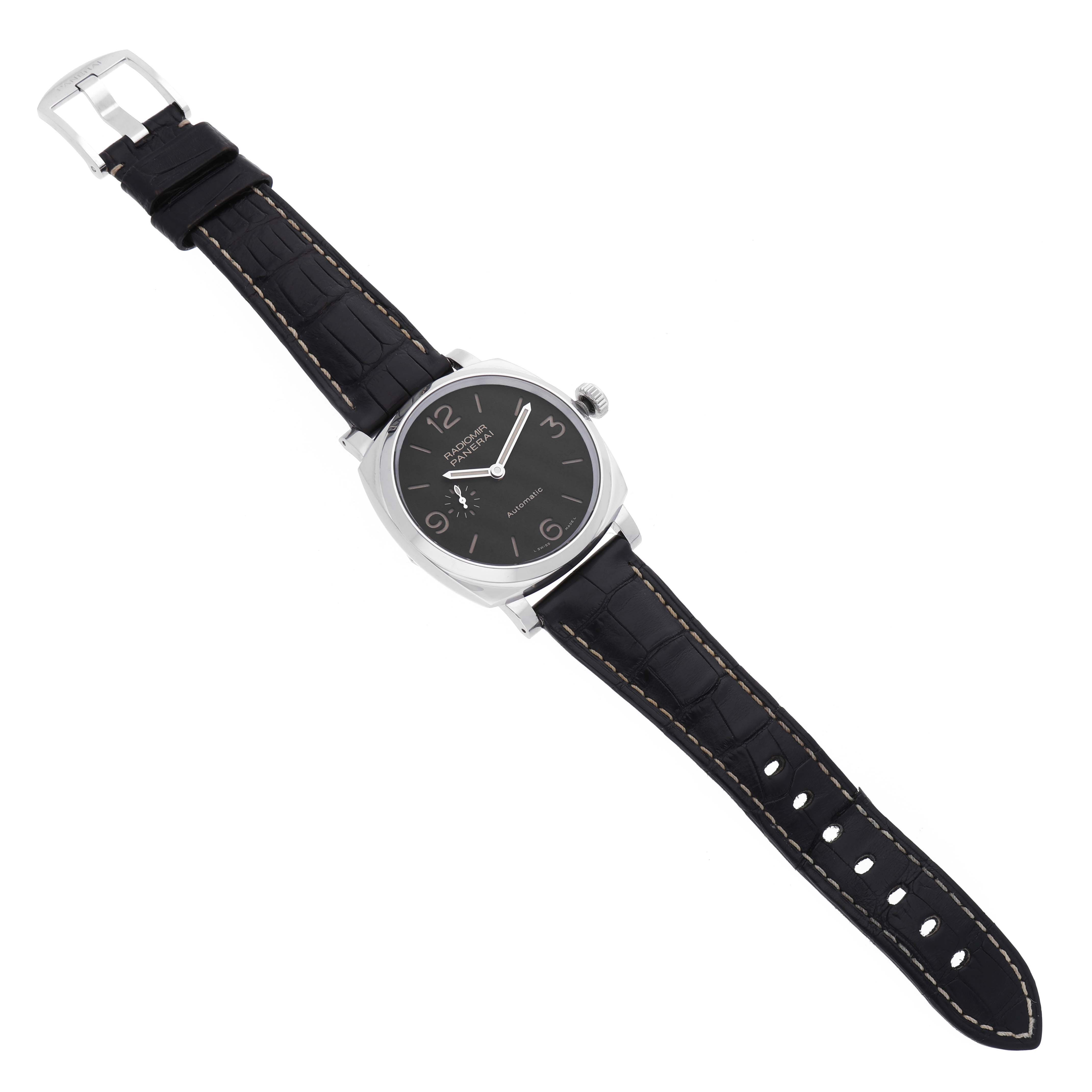 The image shows an overhead view of a Panerai Radiomir PAM00620 Men's Stainless Steel Black Dial PAM00620 Men's Stainless Steel Black Dial watch, displaying its face, crown, and black leather strap.