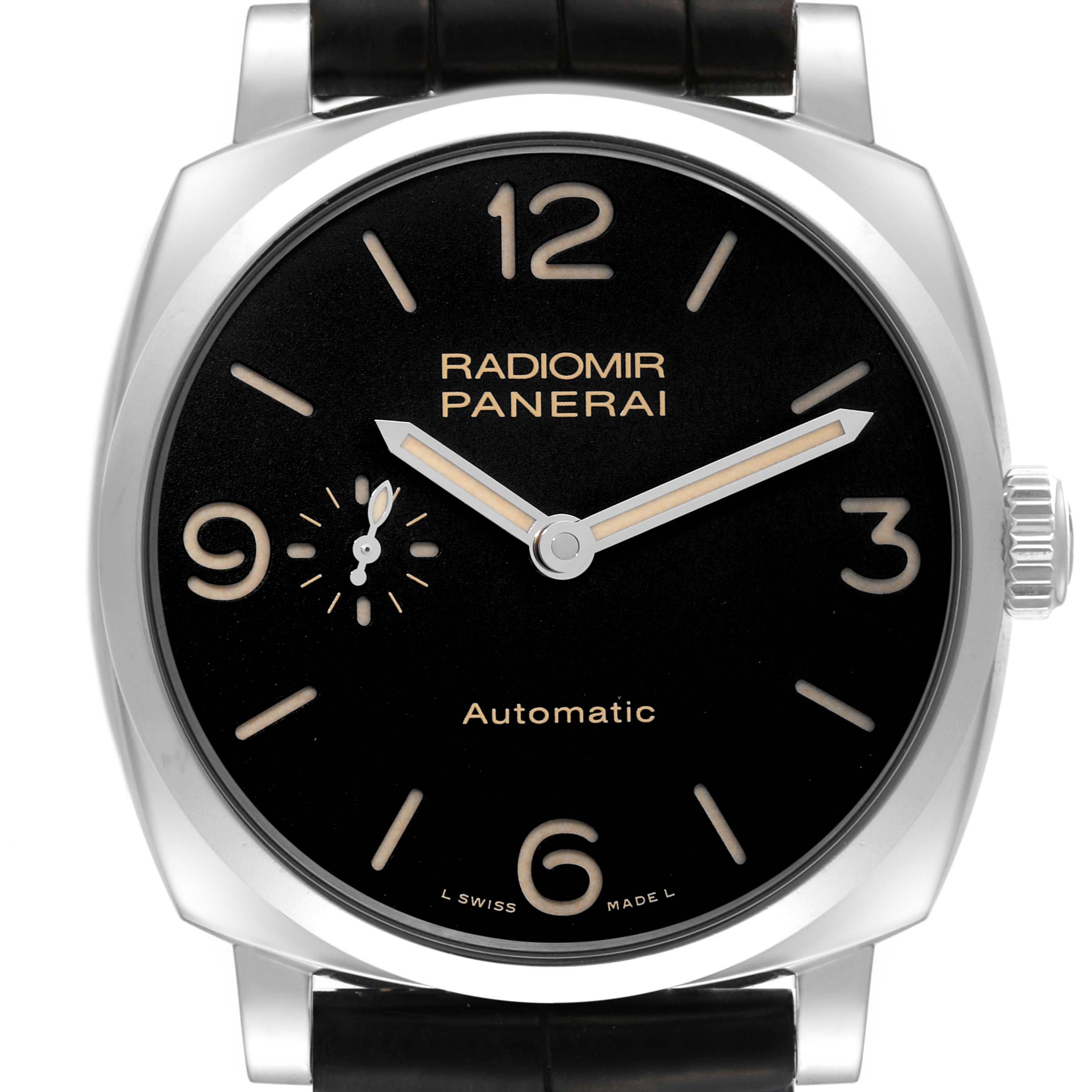 The watch is a Panerai Radiomir PAM00620 Men's Stainless Steel Black Dial PAM00620 Men's Stainless Steel Black Dial model shown from a front angle, displaying the dial, hour markers, hands, and crown.