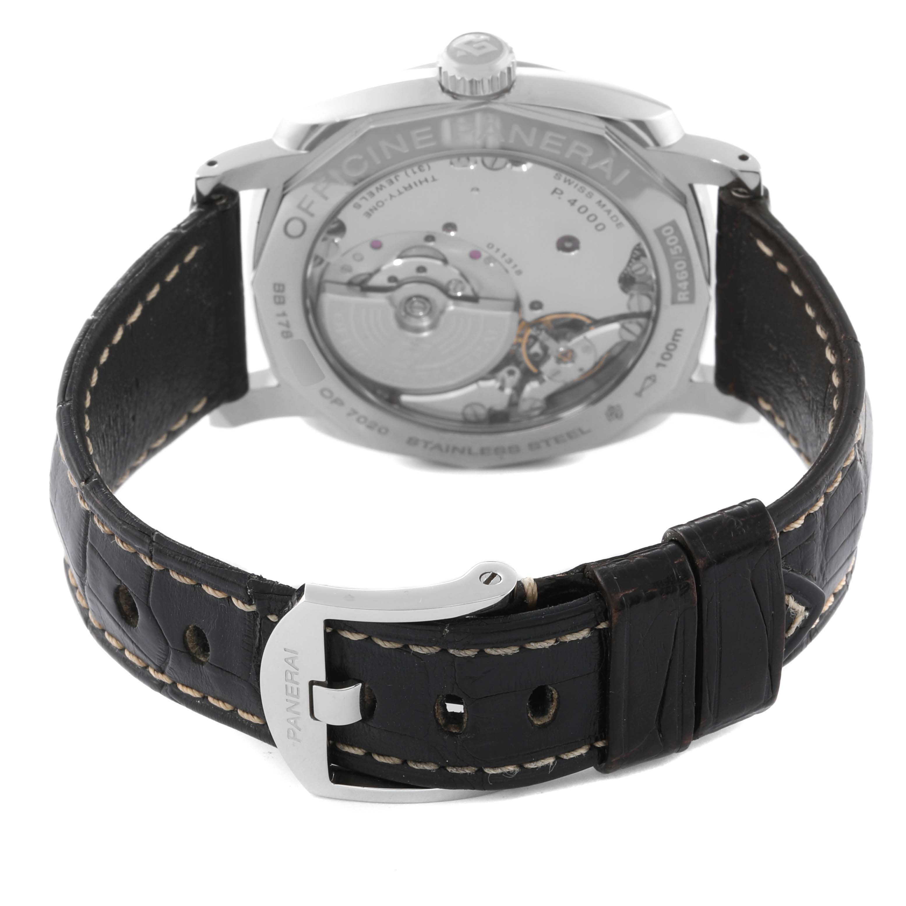 The image displays the back view of a Panerai Radiomir PAM00620 Men's Stainless Steel Black Dial PAM00620 Men's Stainless Steel Black Dial watch, highlighting the transparent caseback and leather strap.