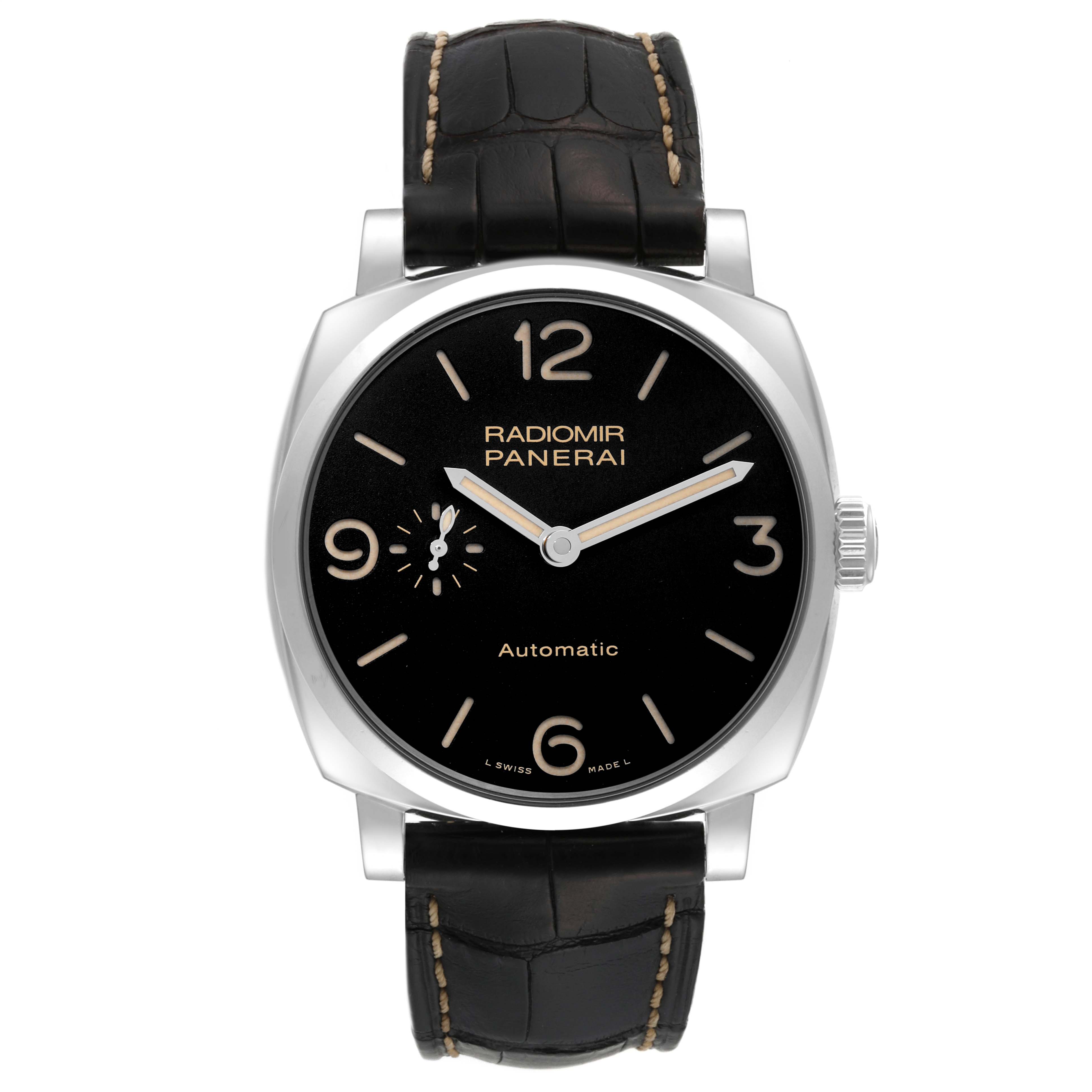 The image shows a front view of a Panerai Radiomir PAM00620 Men's Stainless Steel Black Dial PAM00620 Men's Stainless Steel Black Dial watch, displaying its dial, case, and black leather strap.