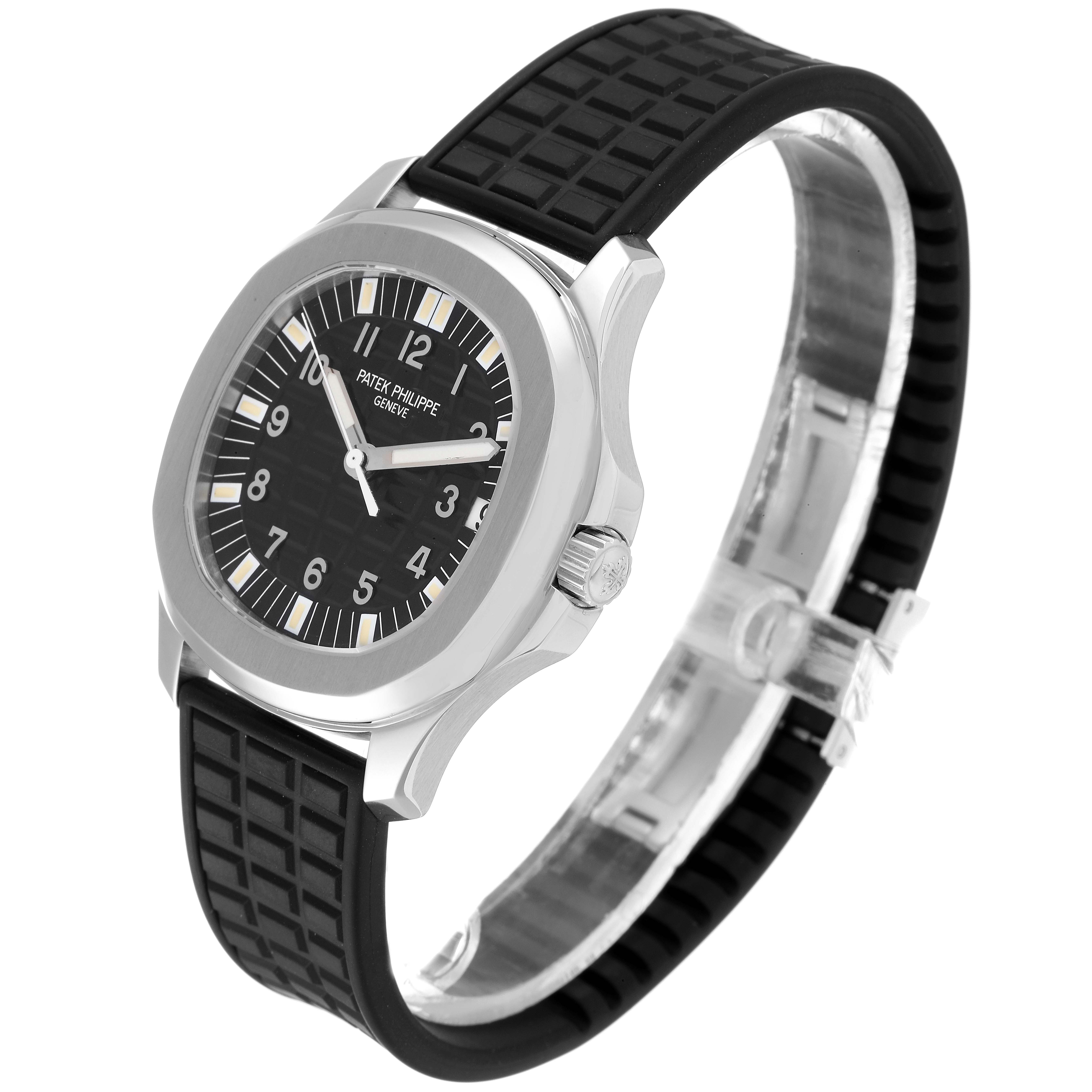 The image shows a Patek Philippe Aquanaut 5065/1A-010 Men
s Stainless Steel Black Dial 5065/1A-010 Men
s Stainless Steel Black Dial watch angled slightly to the right, highlighting its face, bezel, and black rubber strap.