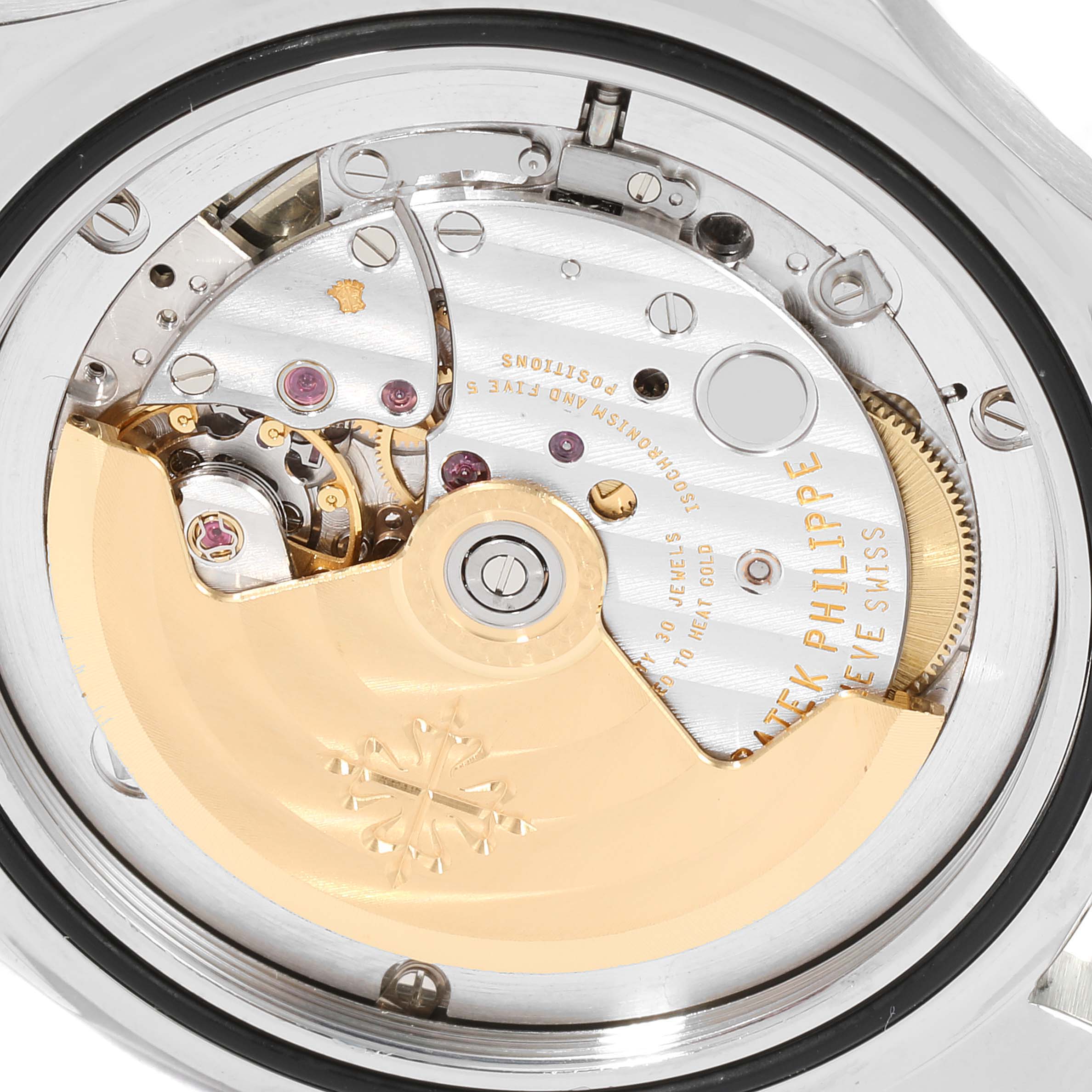 This image shows the movement and internal mechanics of a Patek Philippe Aquanaut 5065/1A-010 Men
s Stainless Steel Black Dial 5065/1A-010 Men
s Stainless Steel Black Dial watch from the back.