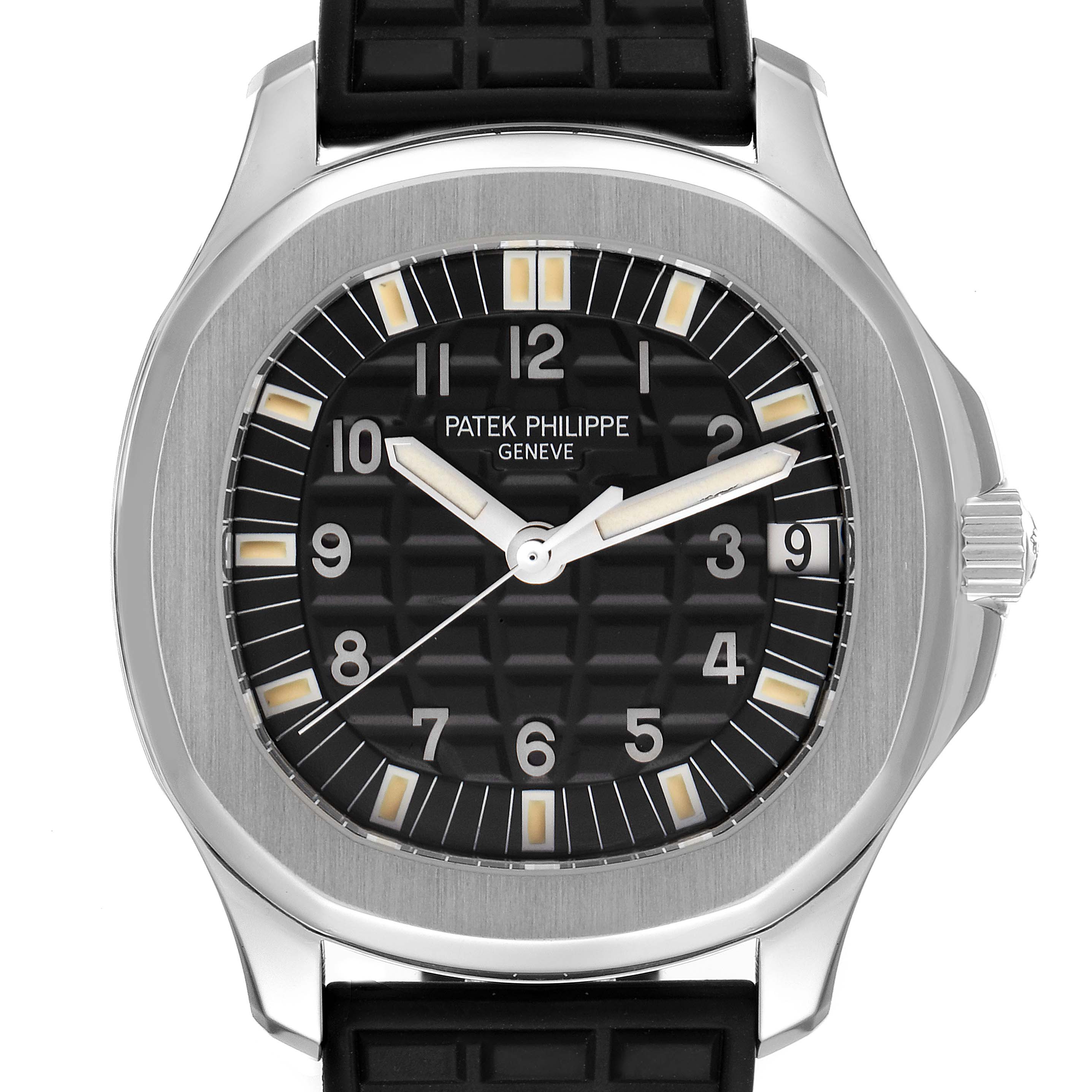 This image displays a front view of the Patek Philippe Aquanaut 5065/1A-010 Men
s Stainless Steel Black Dial 5065/1A-010 Men
s Stainless Steel Black Dial watch, showing the dial, bezel, and part of the strap.