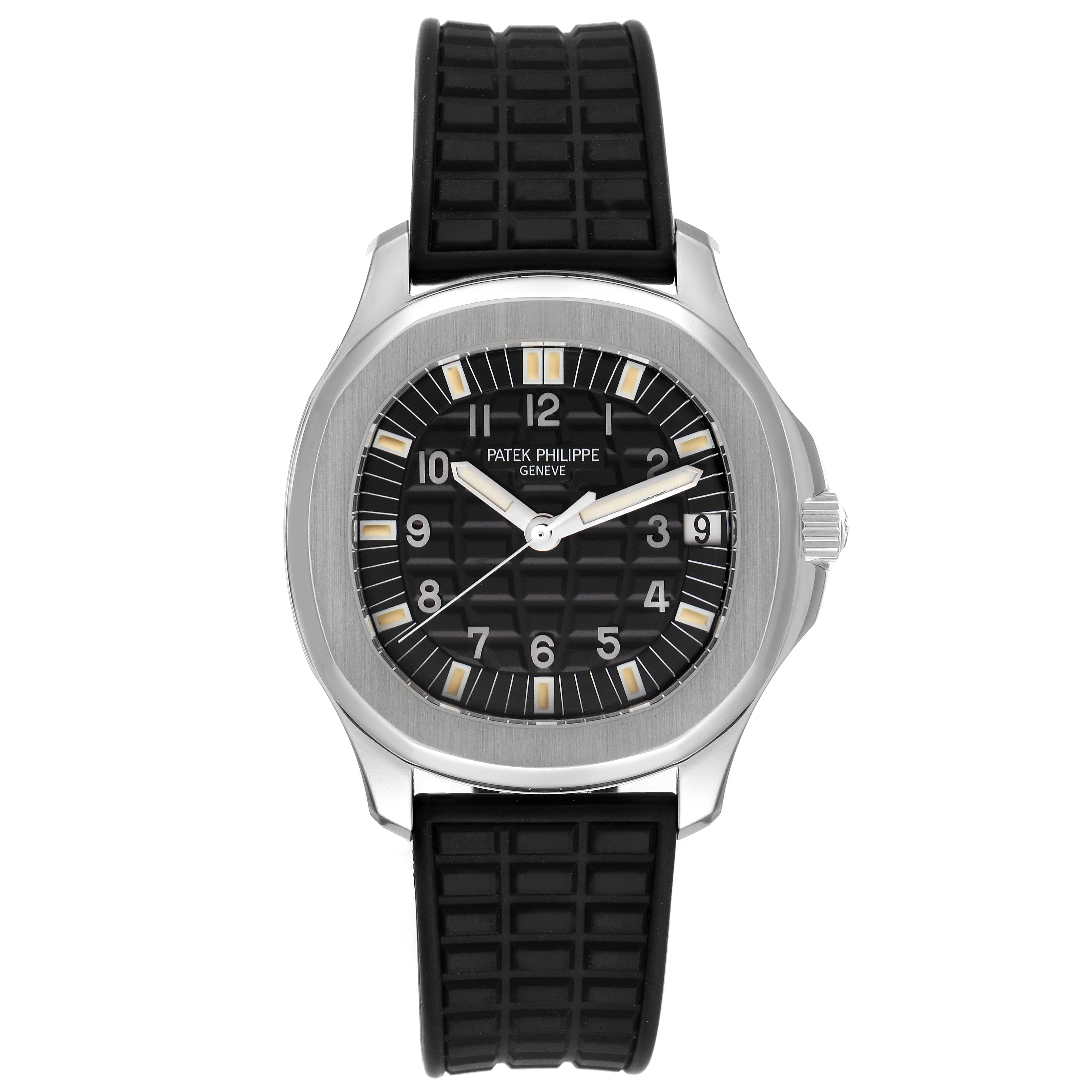 The image shows a front view of a Patek Philippe Aquanaut 5065/1A-010 Men
s Stainless Steel Black Dial 5065/1A-010 Men
s Stainless Steel Black Dial model watch with a black textured dial and a black rubber strap.
