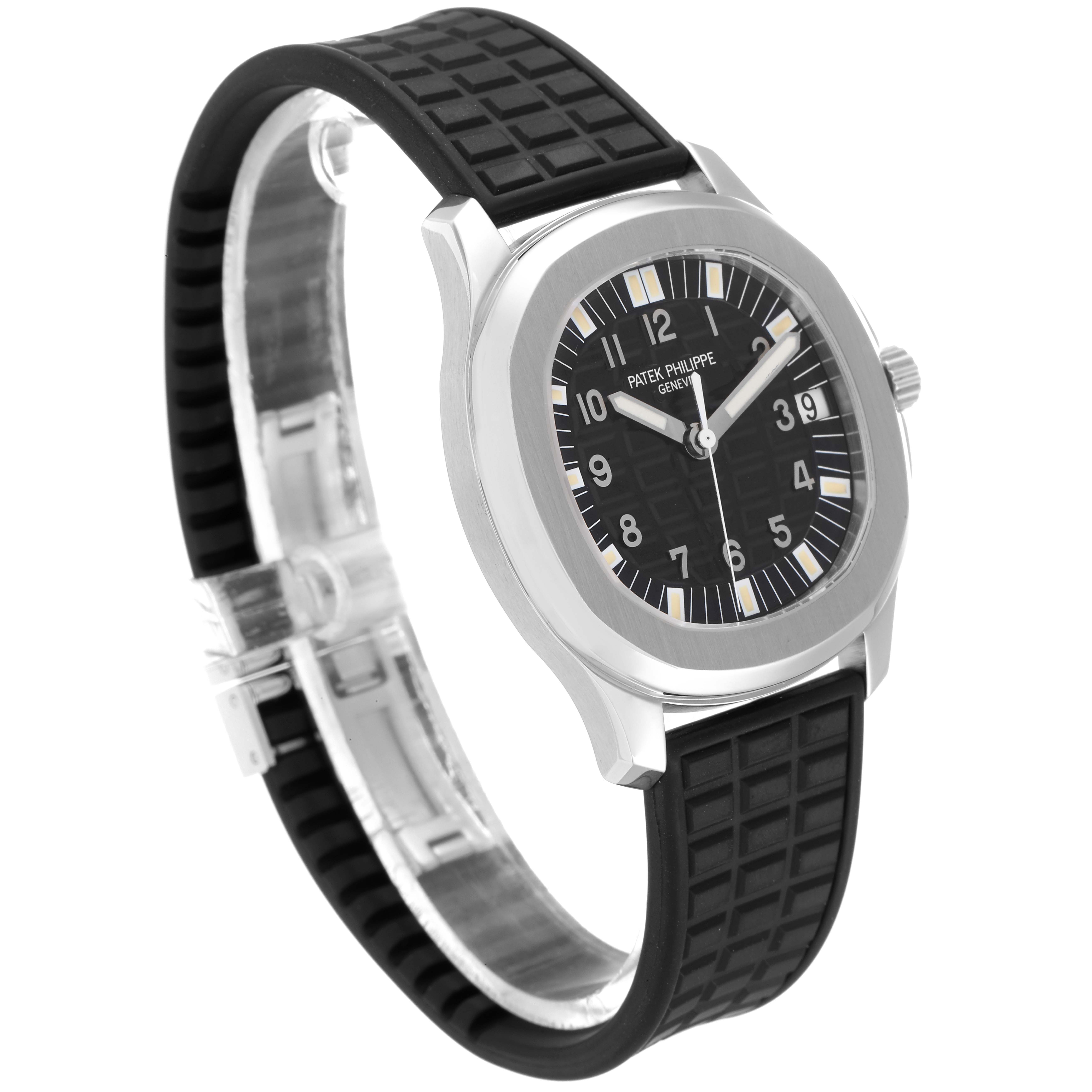 The image shows a Patek Philippe Aquanaut 5065/1A-010 Men
s Stainless Steel Black Dial 5065/1A-010 Men
s Stainless Steel Black Dial watch angled slightly left, displaying the watch face, case, and rubber strap.