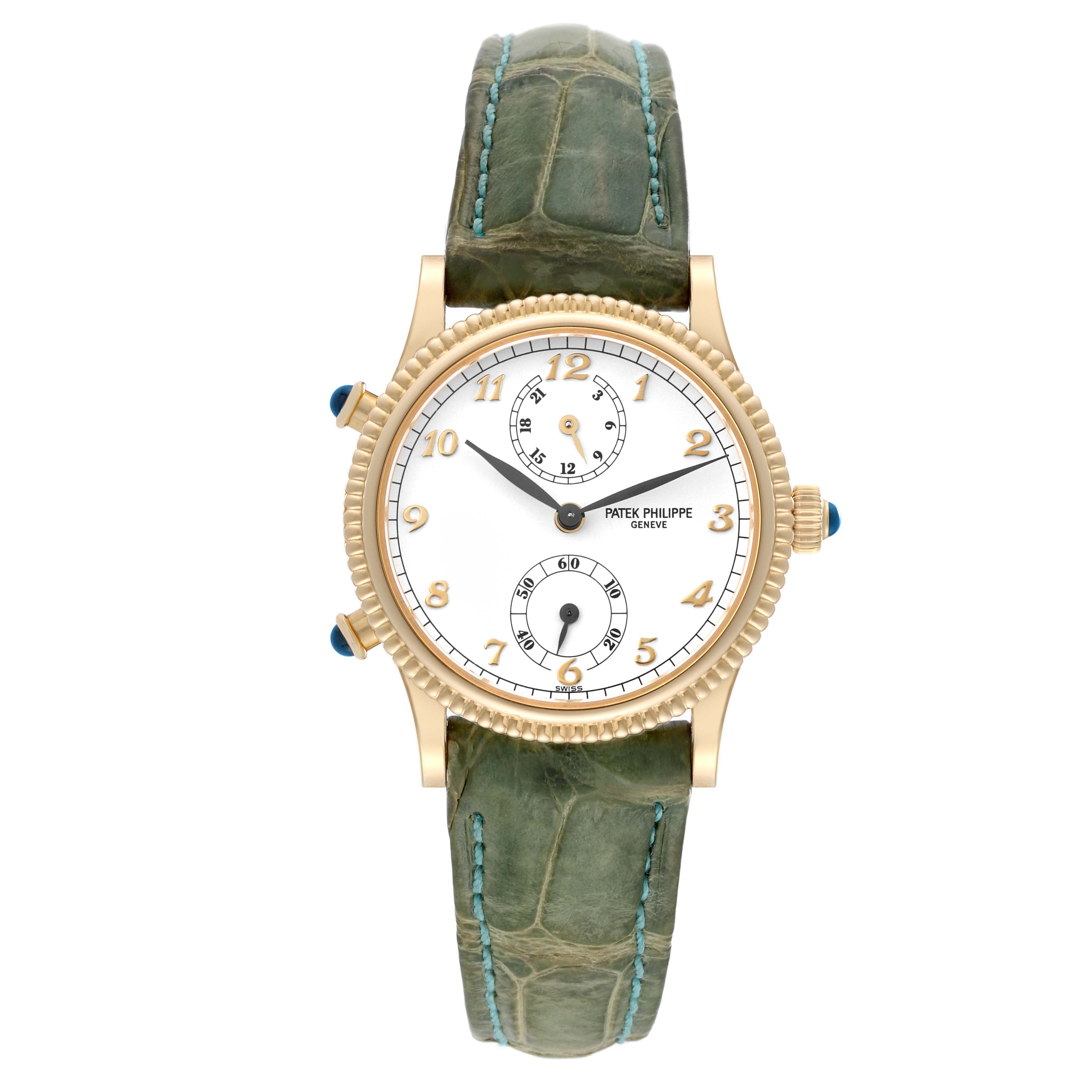 The image shows a front view of the Patek Philippe Calatrava 4864J-001 Women's Yellow Gold White Dial 4864J-001 Women's Yellow Gold White Dial watch, displaying its dial, case, and strap.