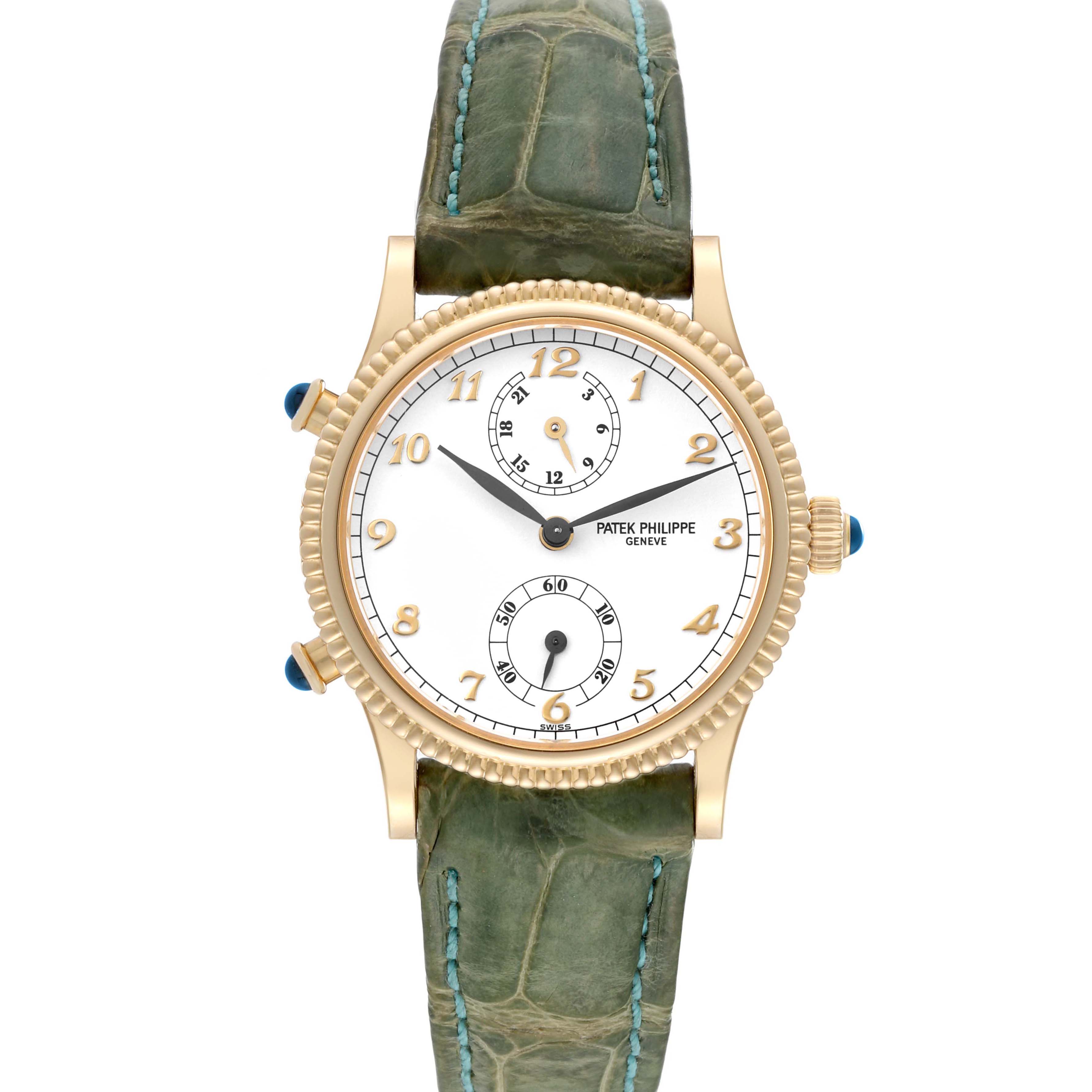 This image shows a front view of a Patek Philippe Calatrava 4864J-001 Women's Yellow Gold White Dial 4864J-001 Women's Yellow Gold White Dial model watch with a leather strap.