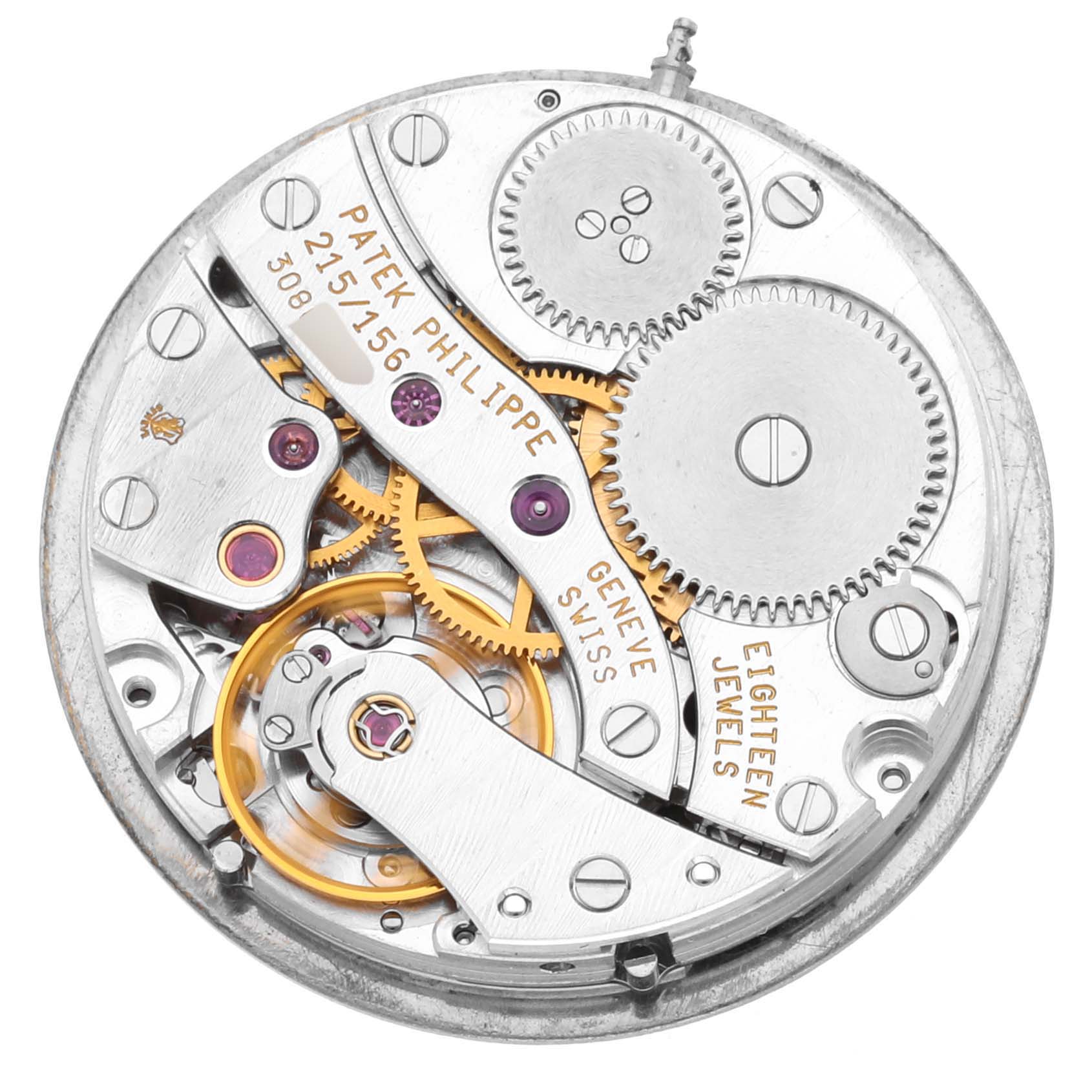 This image shows the intricate movement mechanism of a Patek Philippe Calatrava 4864J-001 Women's Yellow Gold White Dial 4864J-001 Women's Yellow Gold White Dial model watch from a top-down angle.