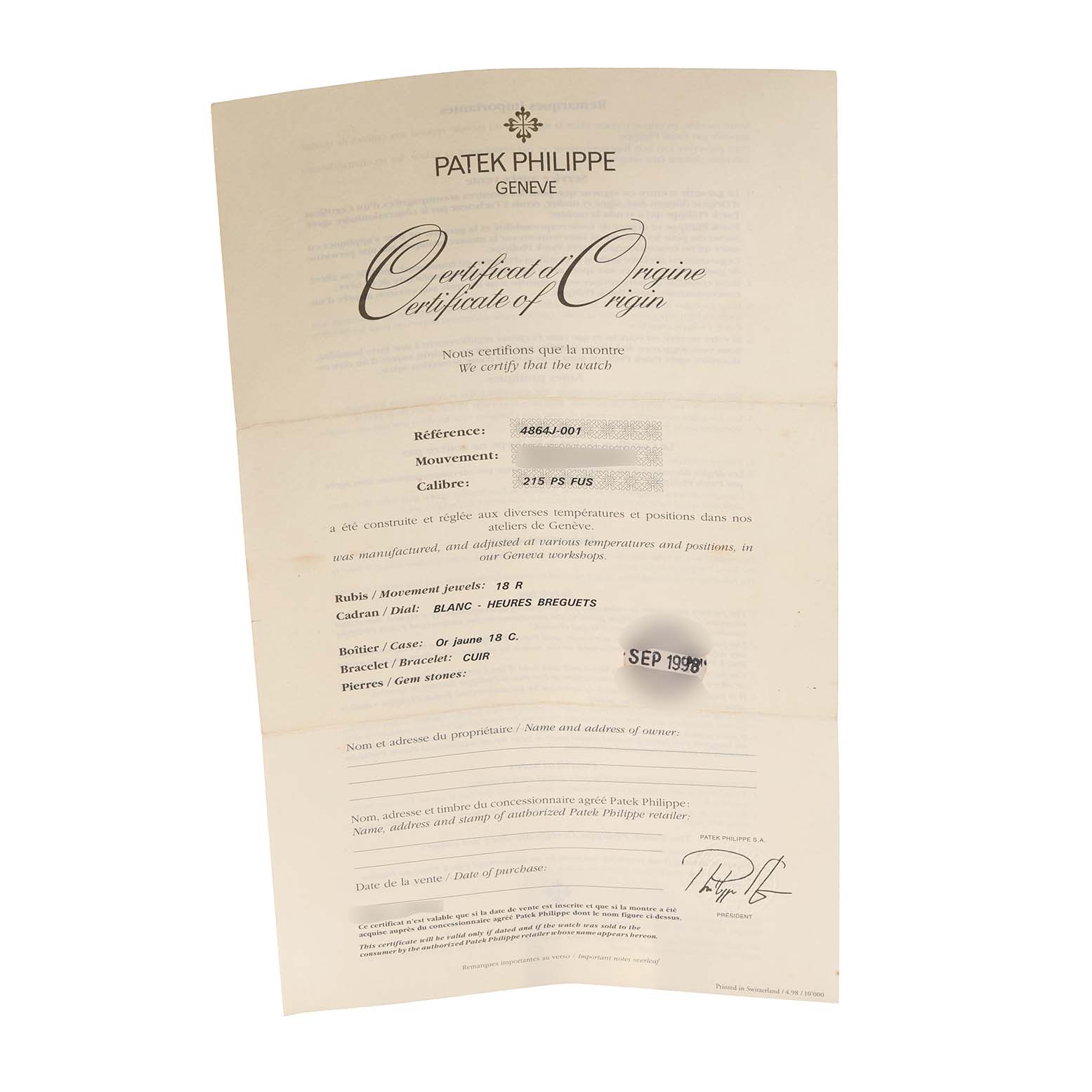 The image shows a certificate of origin for a Calatrava model watch by Patek Philippe, indicating its authenticity and details.