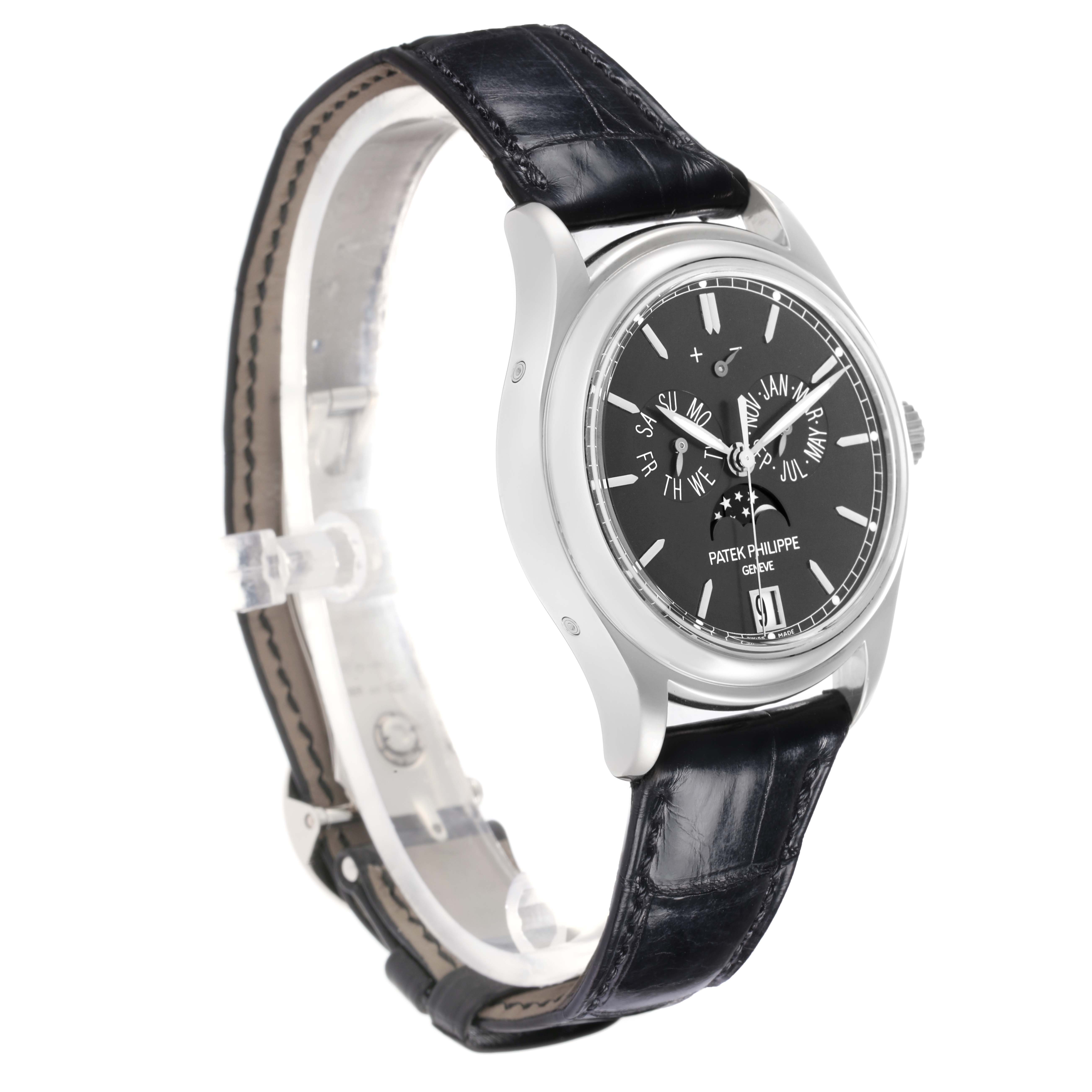 The Patek Philippe Complications 5146P-001 Men's White Gold Grey Dial watch is shown at a three-quarter angle, highlighting the face, strap, and case.