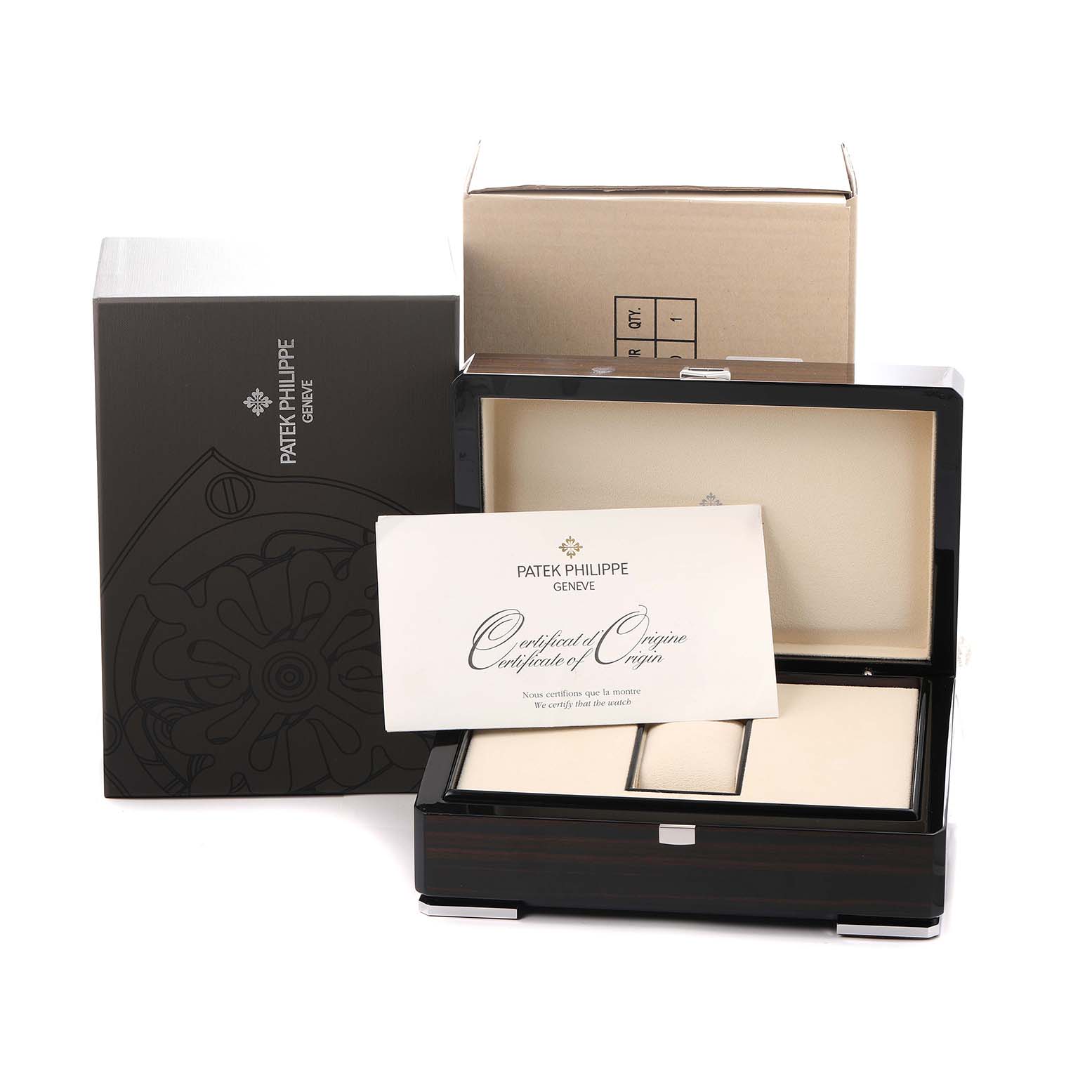 The image shows the packaging of a Patek Philippe Complications 5146P-001 Men's White Gold Grey Dial, including the box, certificate, and outer packaging, from a frontal angle.
