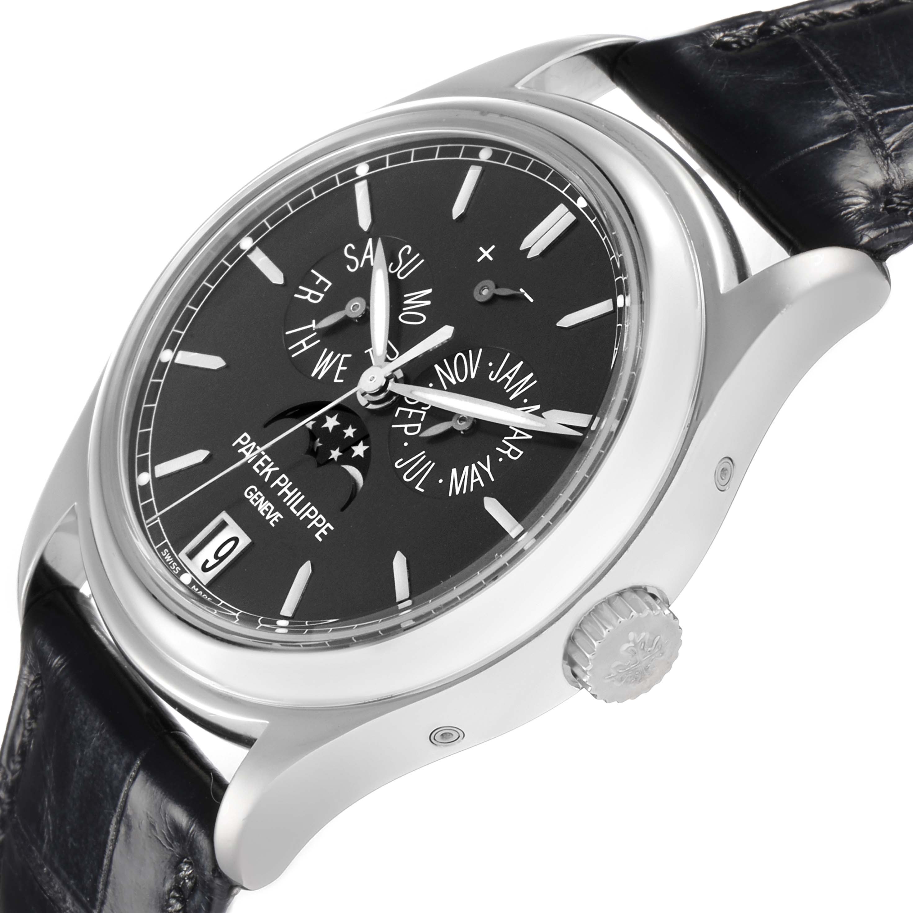 The Patek Philippe Complications 5146P-001 Men's White Gold Grey Dial watch is shown at a slight angle, revealing the face, crown, and part of the strap.