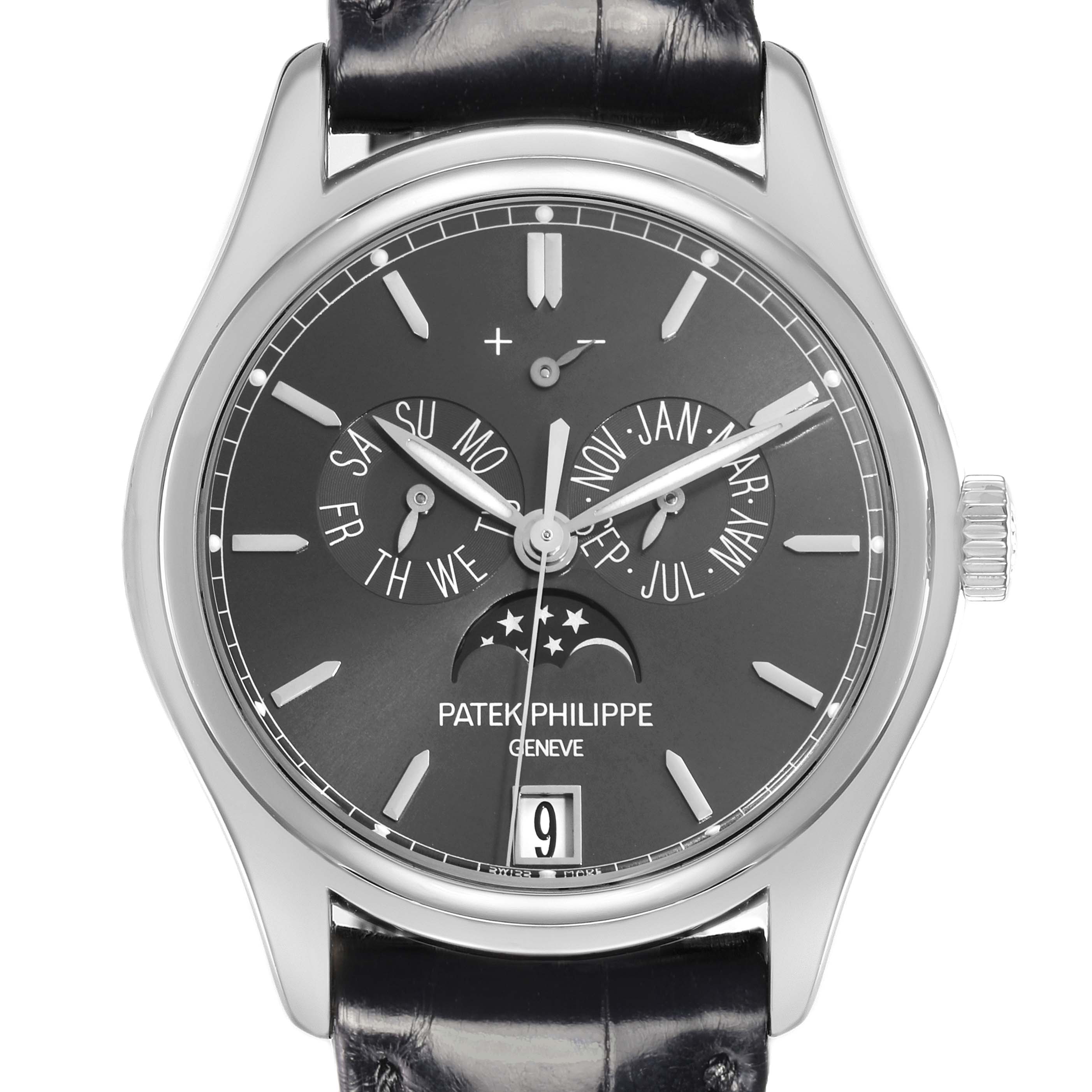 The Patek Philippe Complications 5146P-001 Men's White Gold Grey Dial watch is shown from the front, highlighting its dial with day, date, month subdials, and moon phase.