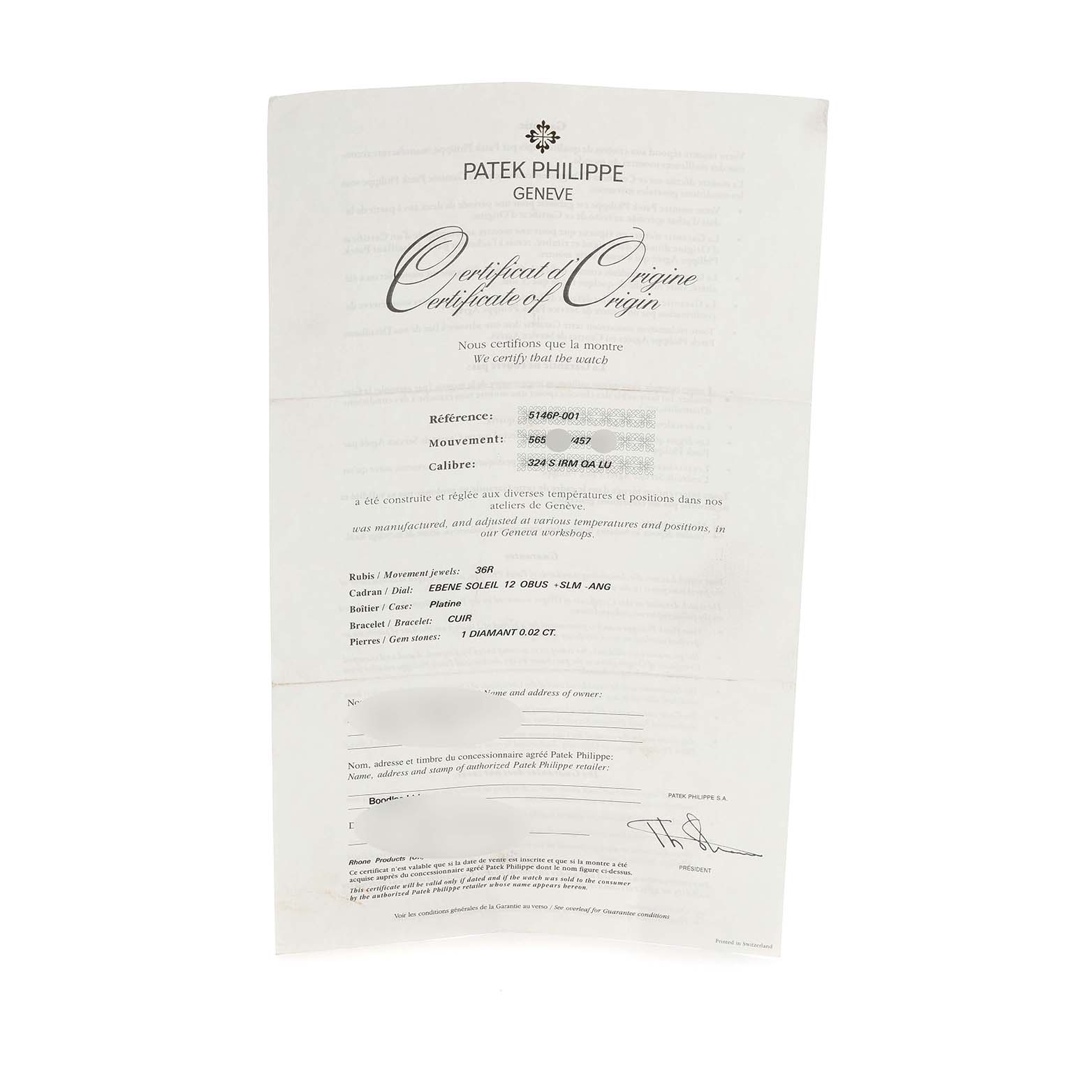 The image shows a Certificate of Origin for a Patek Philippe Complications 5146P-001 Men's White Gold Grey Dial watch.