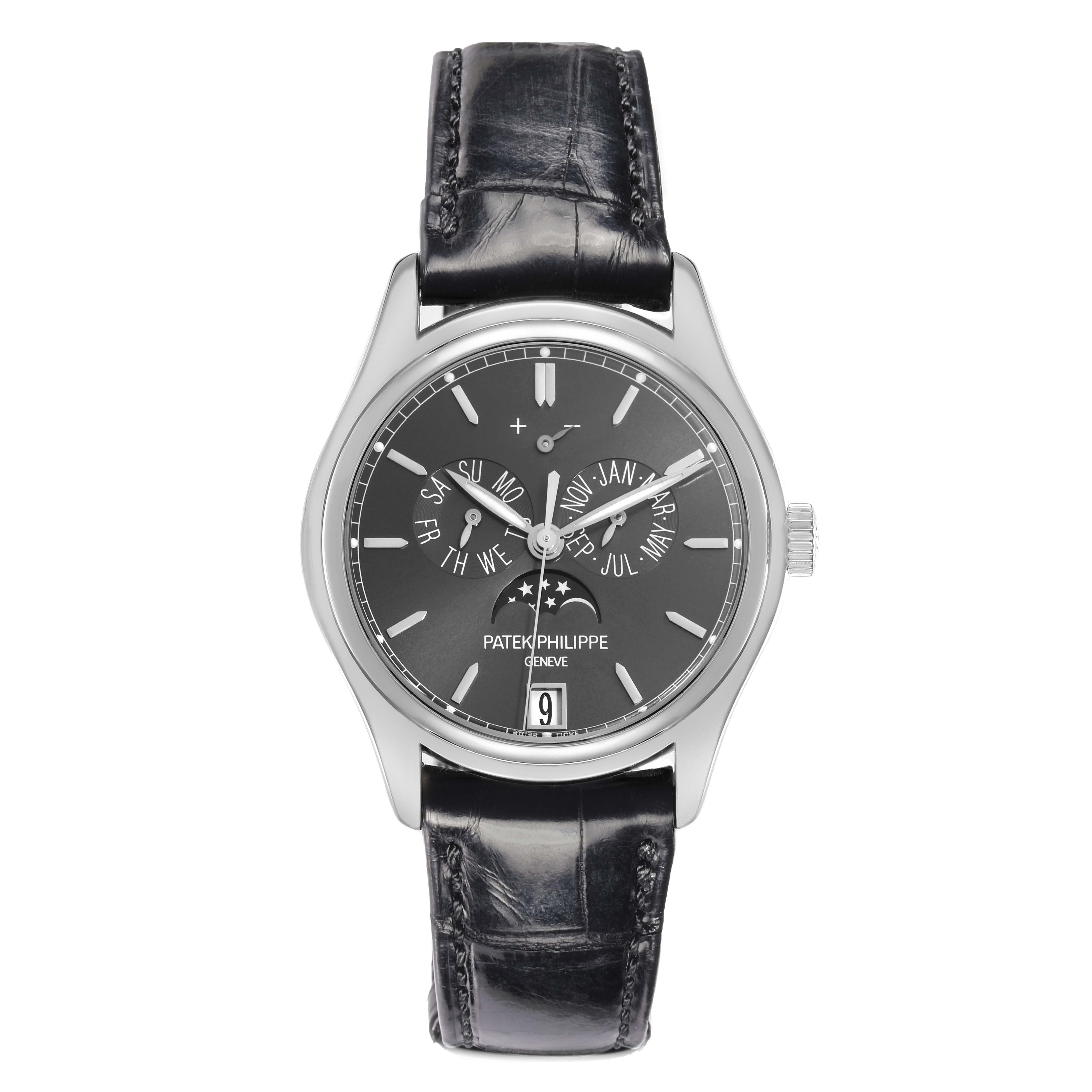 The Patek Philippe Complications 5146P-001 Men's White Gold Grey Dial watch is shown from the front, displaying its face, dial, and leather strap.